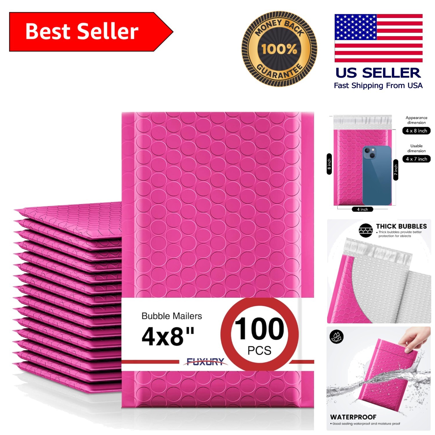 High-Quality 4×8” Pink Bubble Mailers – 100 Count Self-Seal Shipping Envelopes