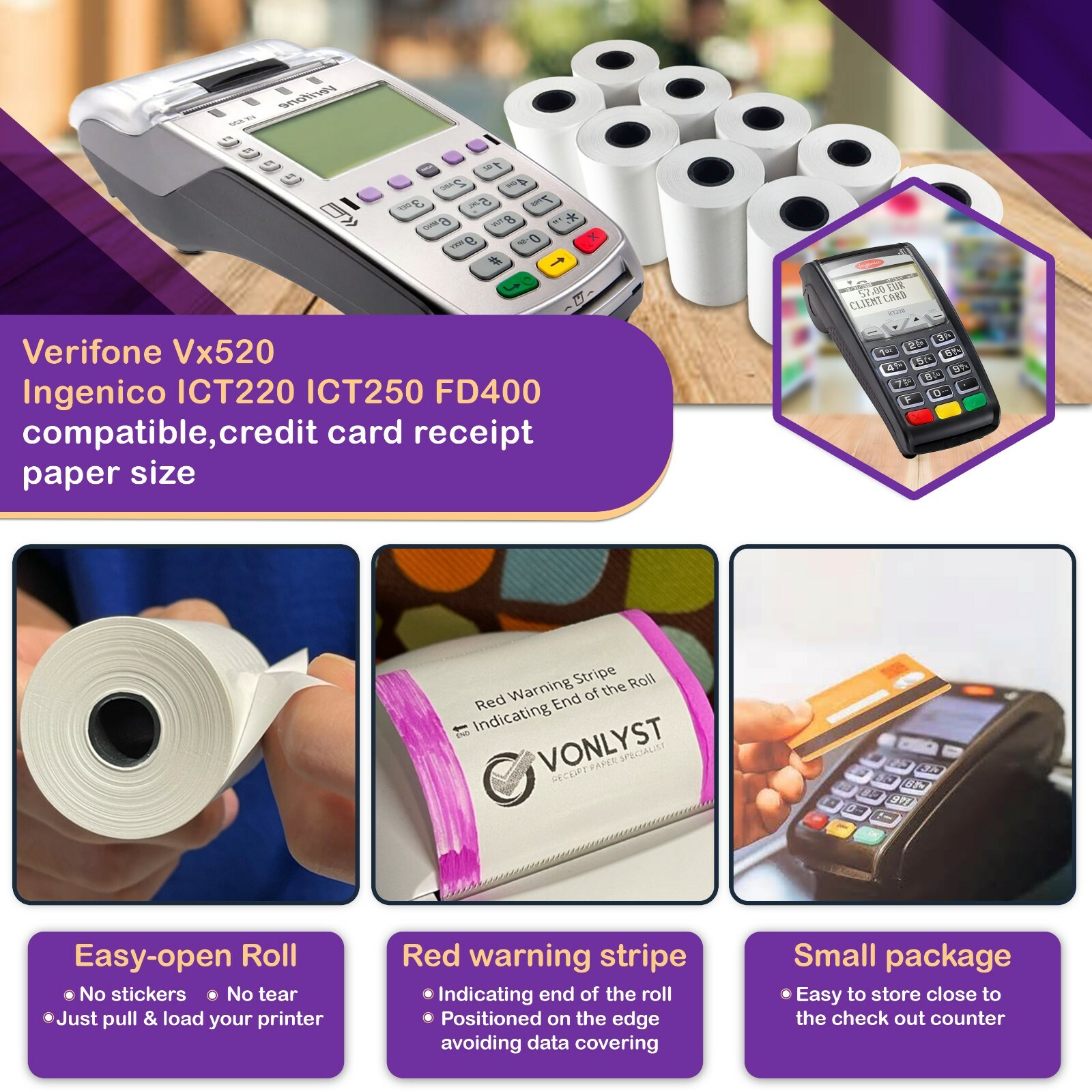 Vonlyst Paper Roll 2 1/4 X 55 for Verifone Vx520 Ingenico ICT220 ICT250 10 rolls