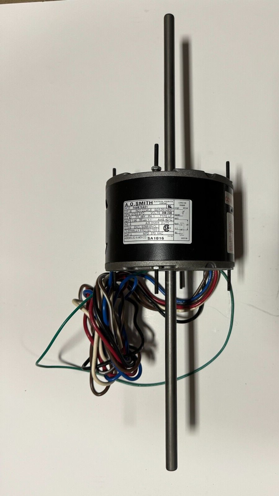 AO Smith SA1016 F48M78A01 1/6 HP 1075 RPM .96 AMP 208V-230V 3 Spd Electric Motor