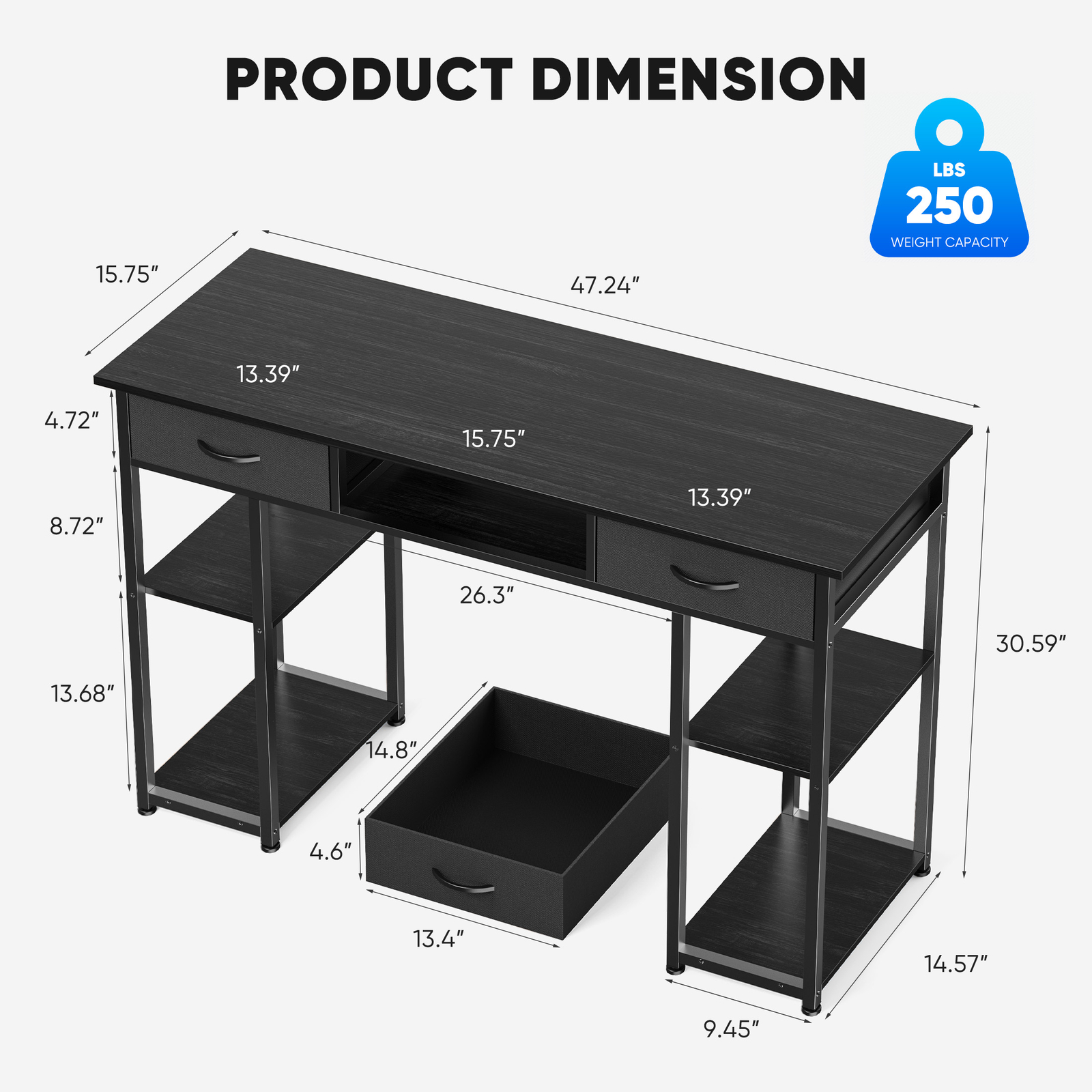 Computer Desk Home Office Table with PC Stand, Fabric Drawers Headphone Hook