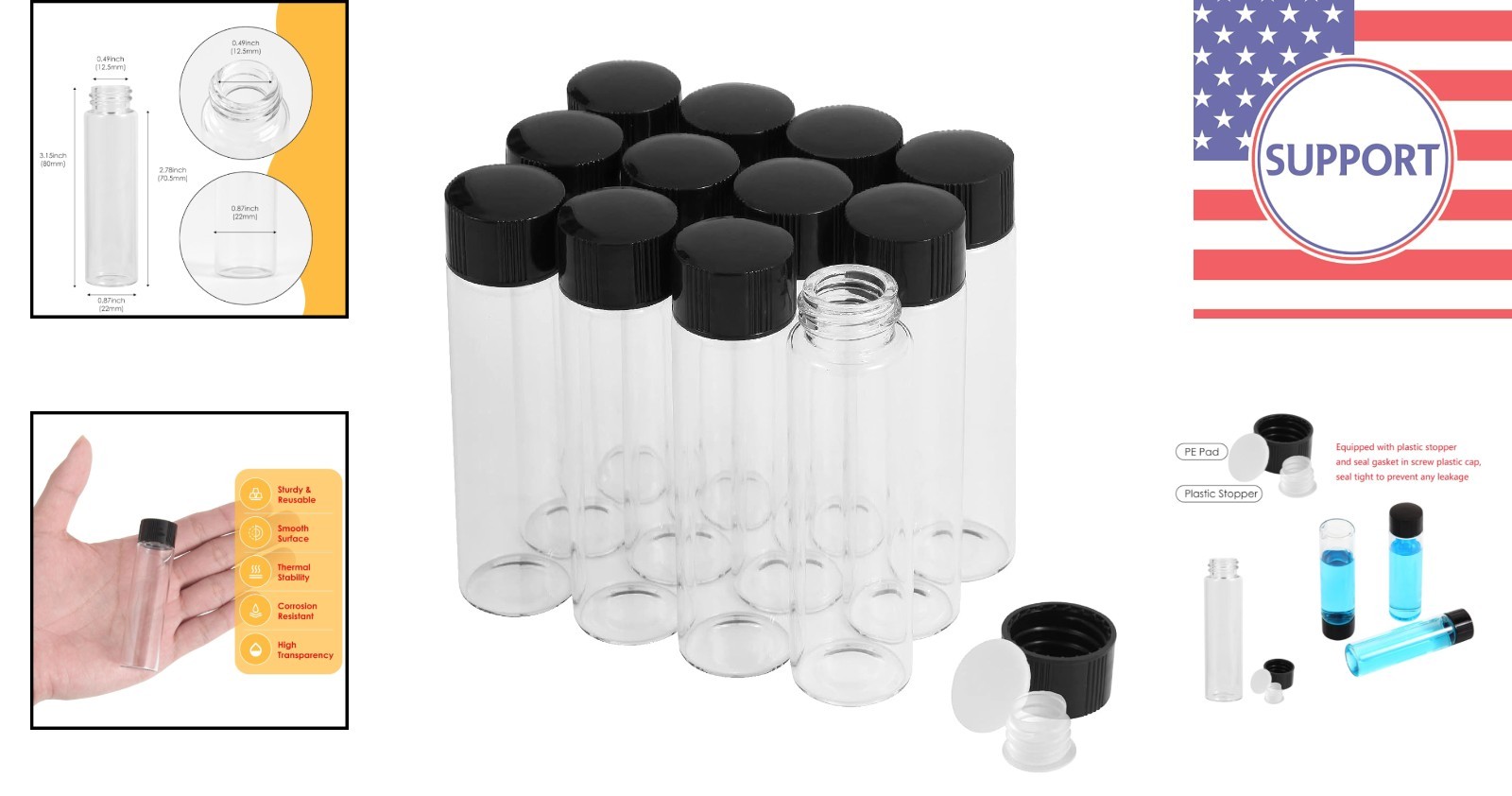 Durable 20ml Borosilicate Glass Vials – Leak-Proof with Caps & Stoppers (12PCS)