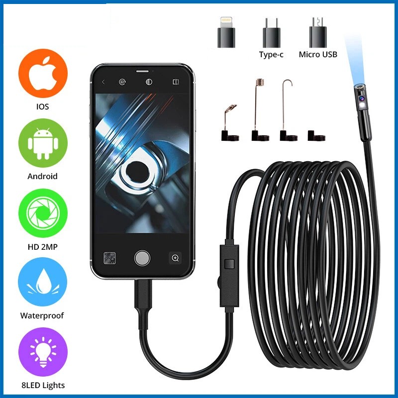 1920P HD Endoscope Borescope 8mm Inspection Snake Camera for iPhone Android iOS