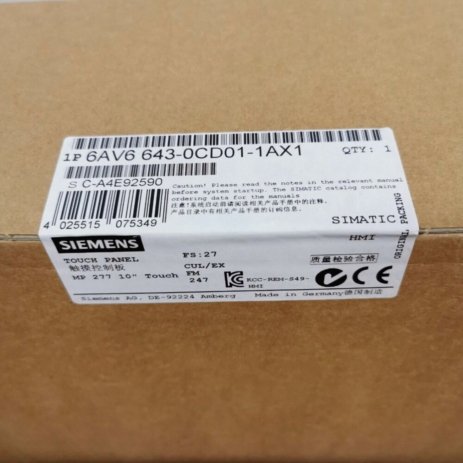 1PC 6AV6643-0CD01-1AX1 6AV6 643-0CD01-1AX1 MP 277 TOUCH PANEL NEW In Box SIEMENS