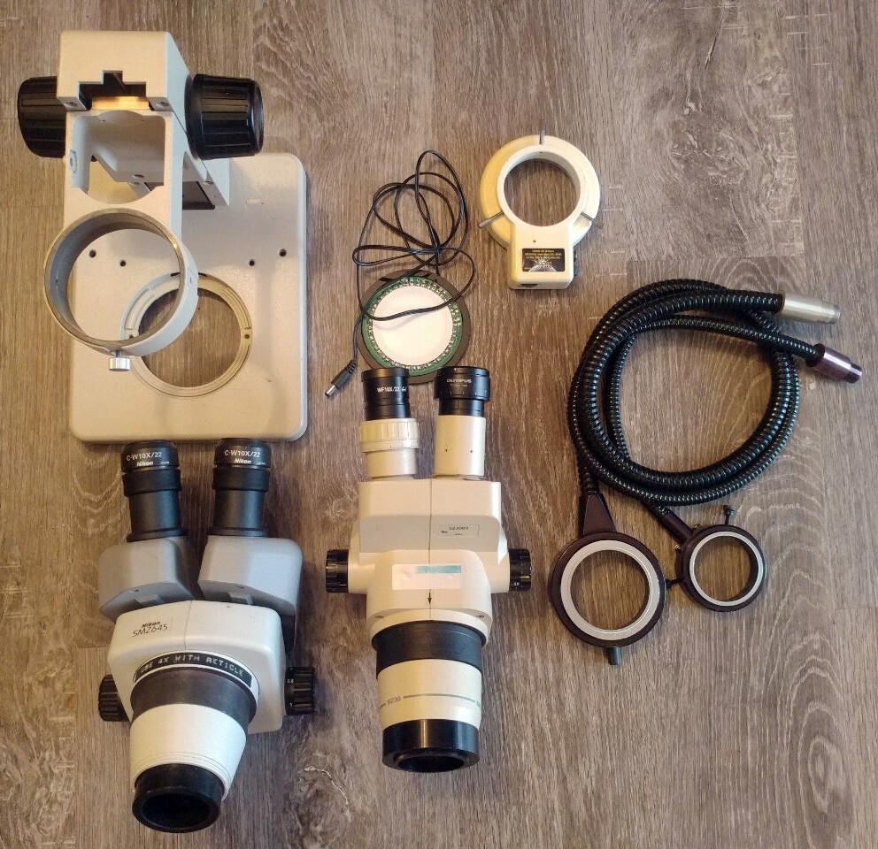 Lot, Nikon SMZ-645, Olympus SZ3060 Stereozoom Microscopes, Olympus Stand, lights