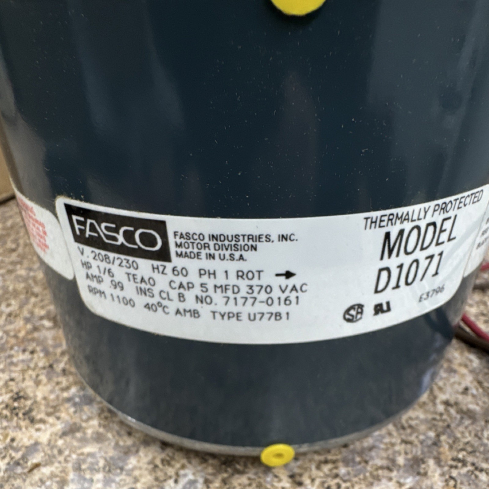 Fasco D1071 Blower Motor 1/6 HP 208/230V 0.99A 1PH Thermally Protected