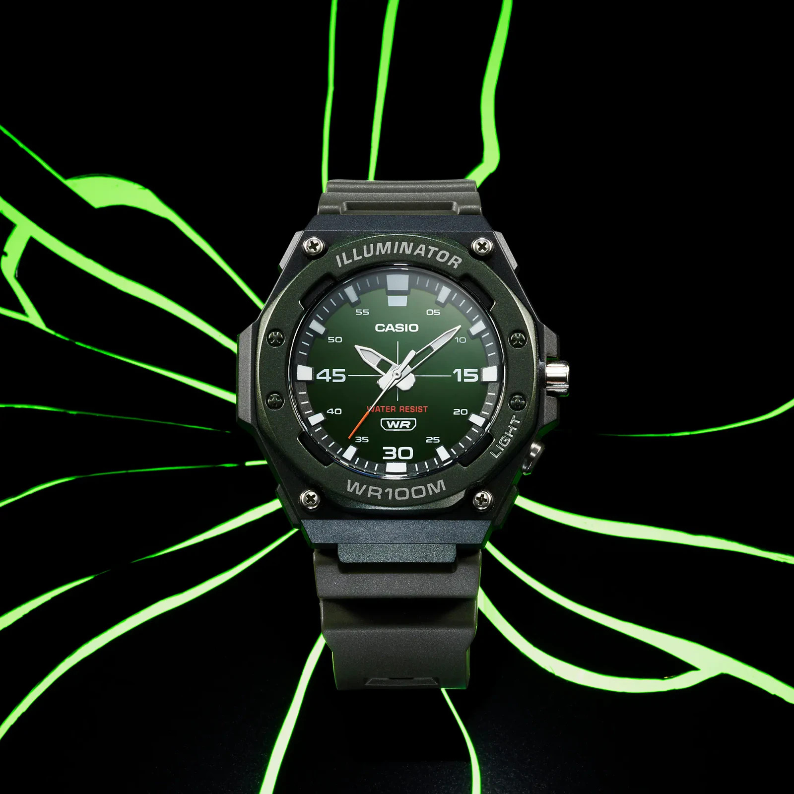 Casio MW-620H-3AV Men’s Green Analog Sport Watch 100M WR LED Light Resin