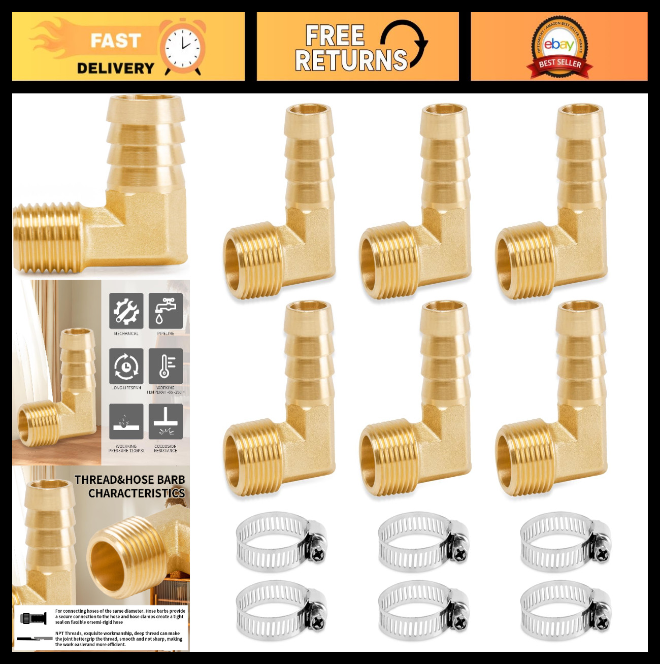 90° Elbow Brass Hose Barb Fittings 1/2″ x 3/8″ NPT Male Adapter + Clamps (6-Pack