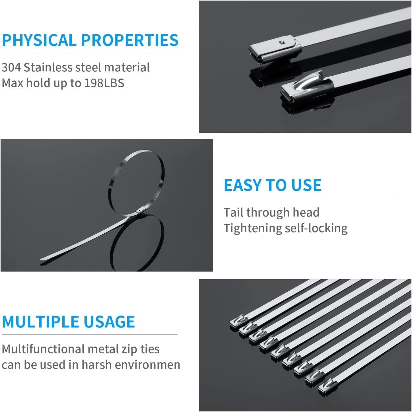 11.8″ Heavy Duty Metal Zip Ties – 600 Pack, 304 Stainless Steel, 300lbs Strength