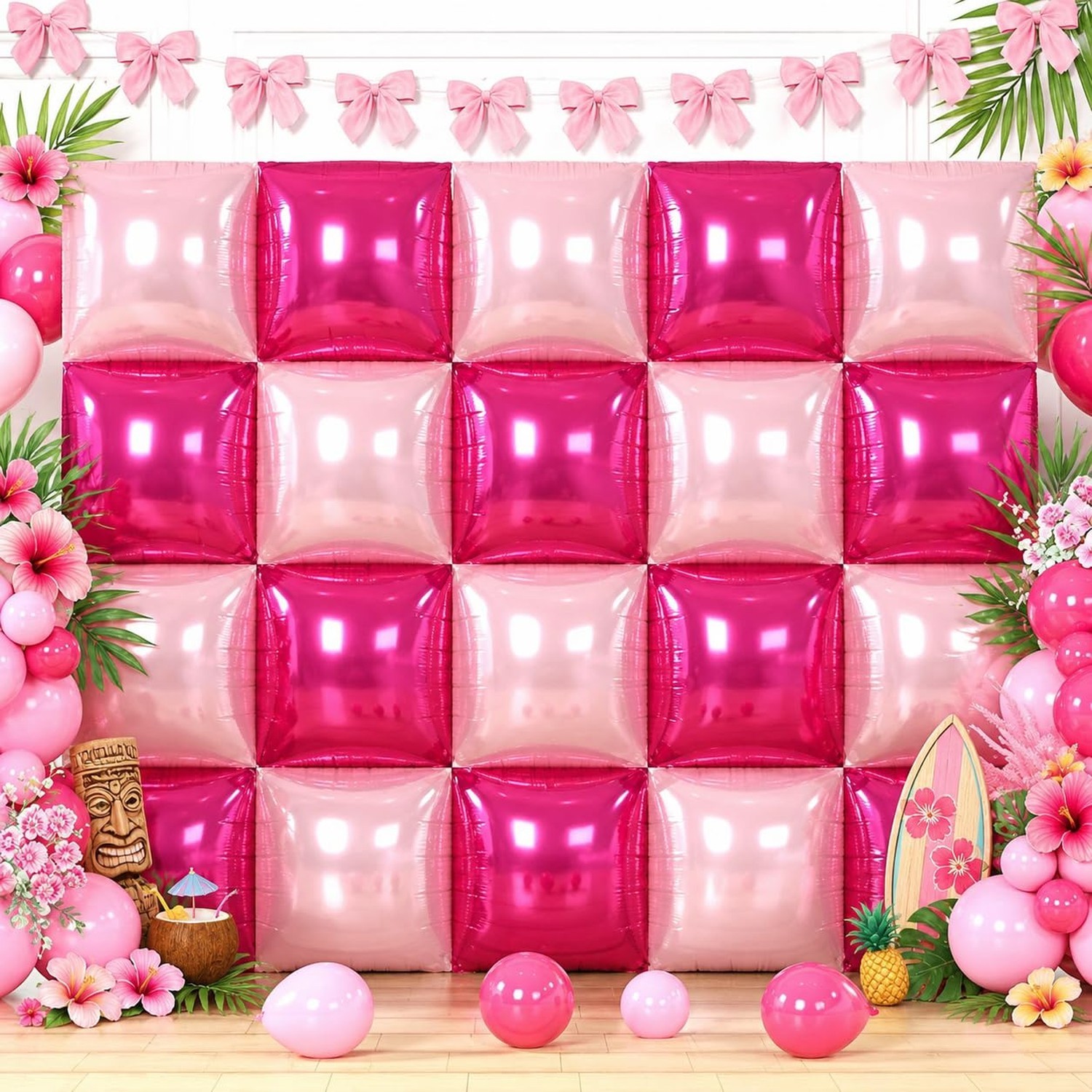 HILAVO Hot Pink Square Balloons Wall, 10 PCS Magenta Foil Balloons Wall Doubl…