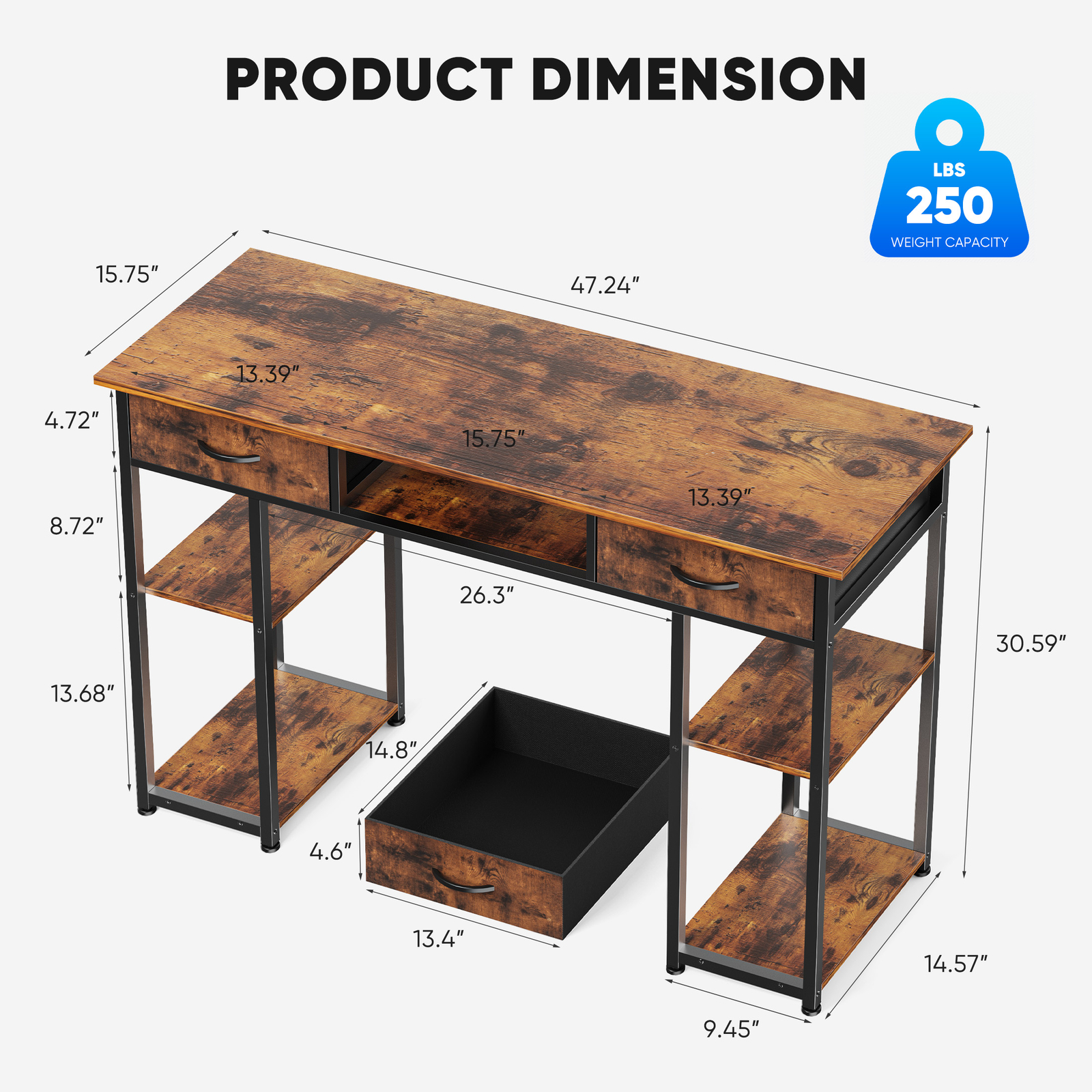 Computer Desk Home Office Table with PC Stand, Fabric Drawers Headphone Hook