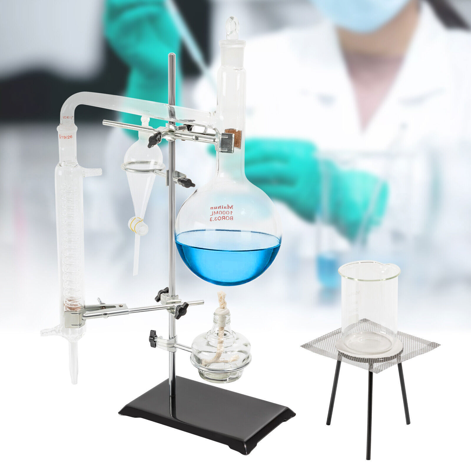 1000ml Distillation Apparatus Kit Chemistry Lab Essential Oil Distilling Glass