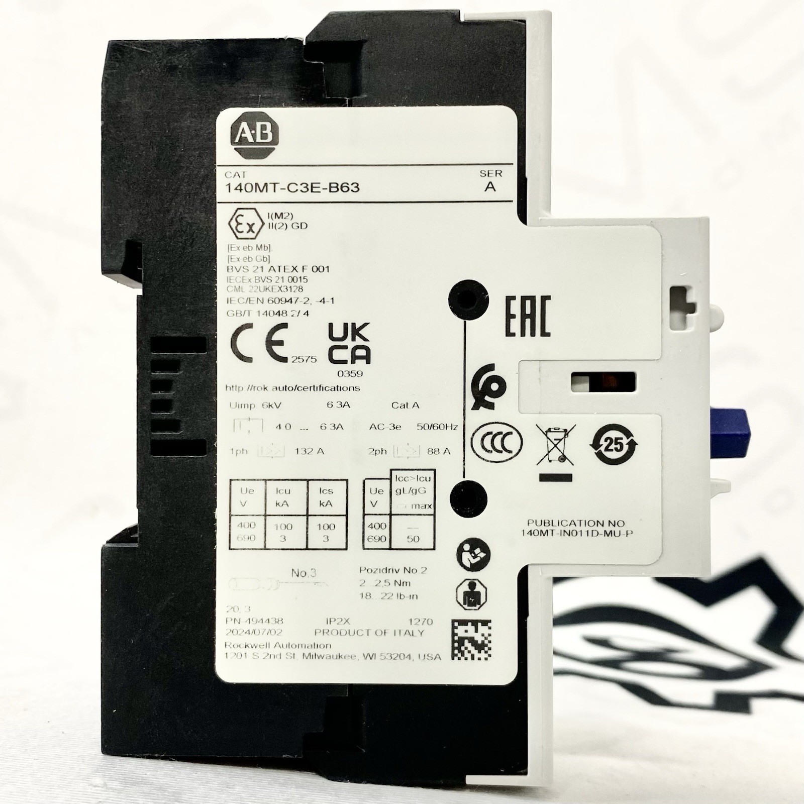 Allen Bradley 140MT-C3E-B63 Motor Protector Circuit Breaker 4-6.3A DIN Rail