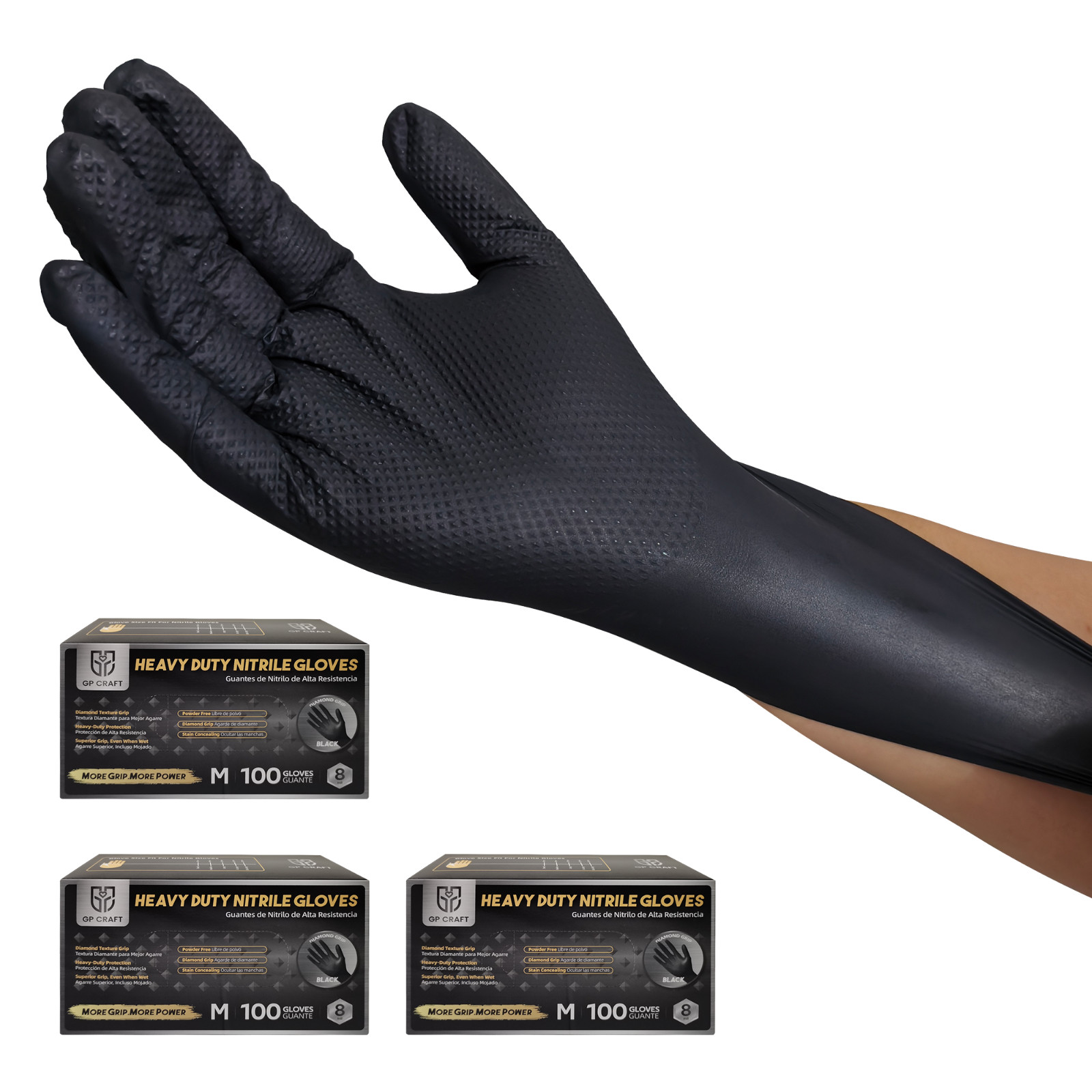 8Mil Black Disposable Nitrile Gloves 3-Pack Diamond Grip Heavy Duty Latex Free