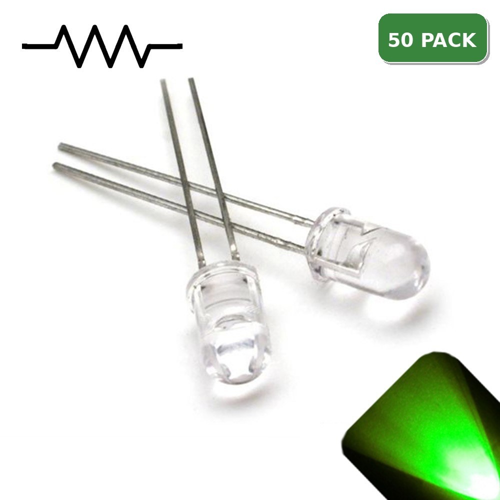 50 x 12v 5mm LED Light Pure Green Ultra Bright Internal Resistor 5v-15v 9v 6 no