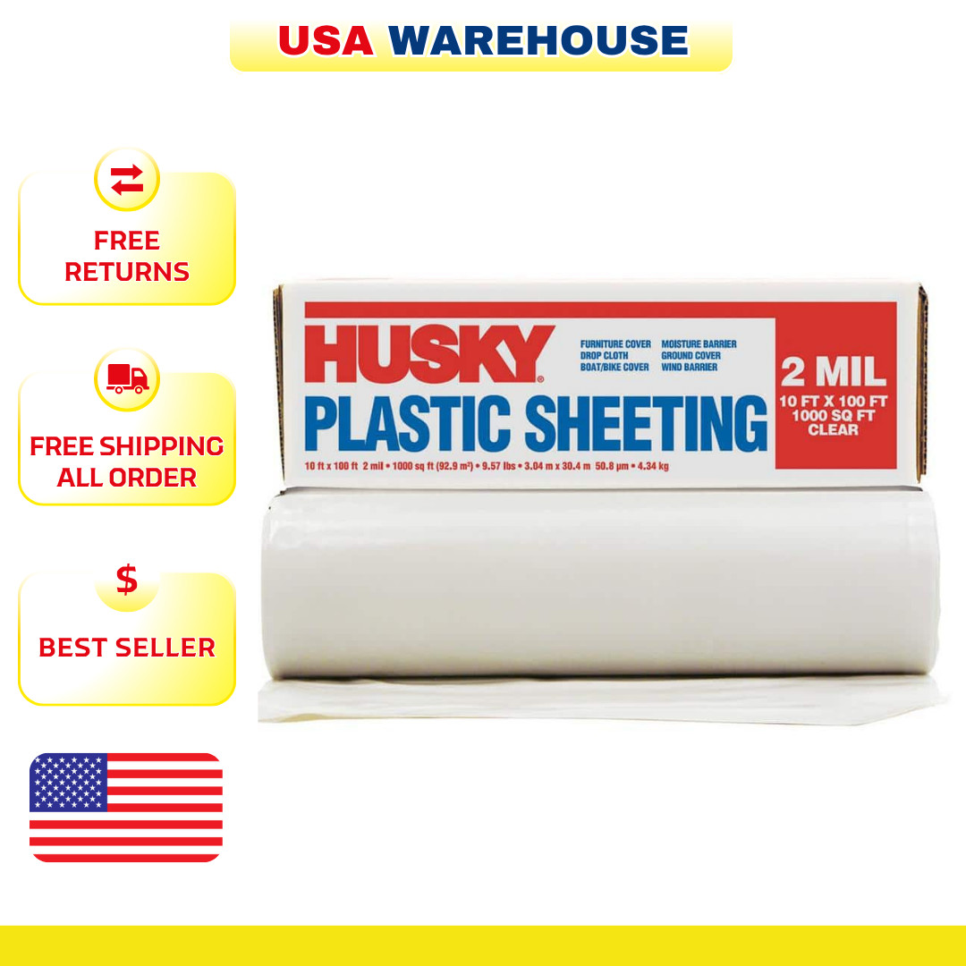 HUSKY Plastic Sheeting 10′ x 100′ Heavy Duty Recycled Polyethylene Clear 2 mil