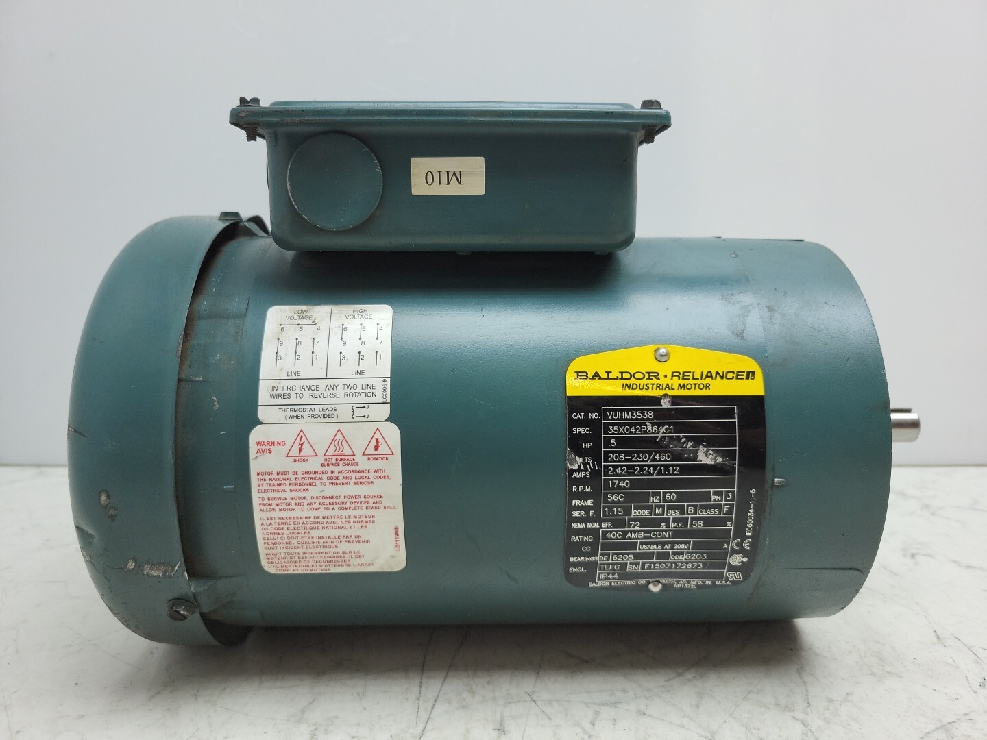 Baldor VUHM3538 .5 Hp 1740 Rpm 3Ph 60Hz 56C TEFC Industrial Motor Used