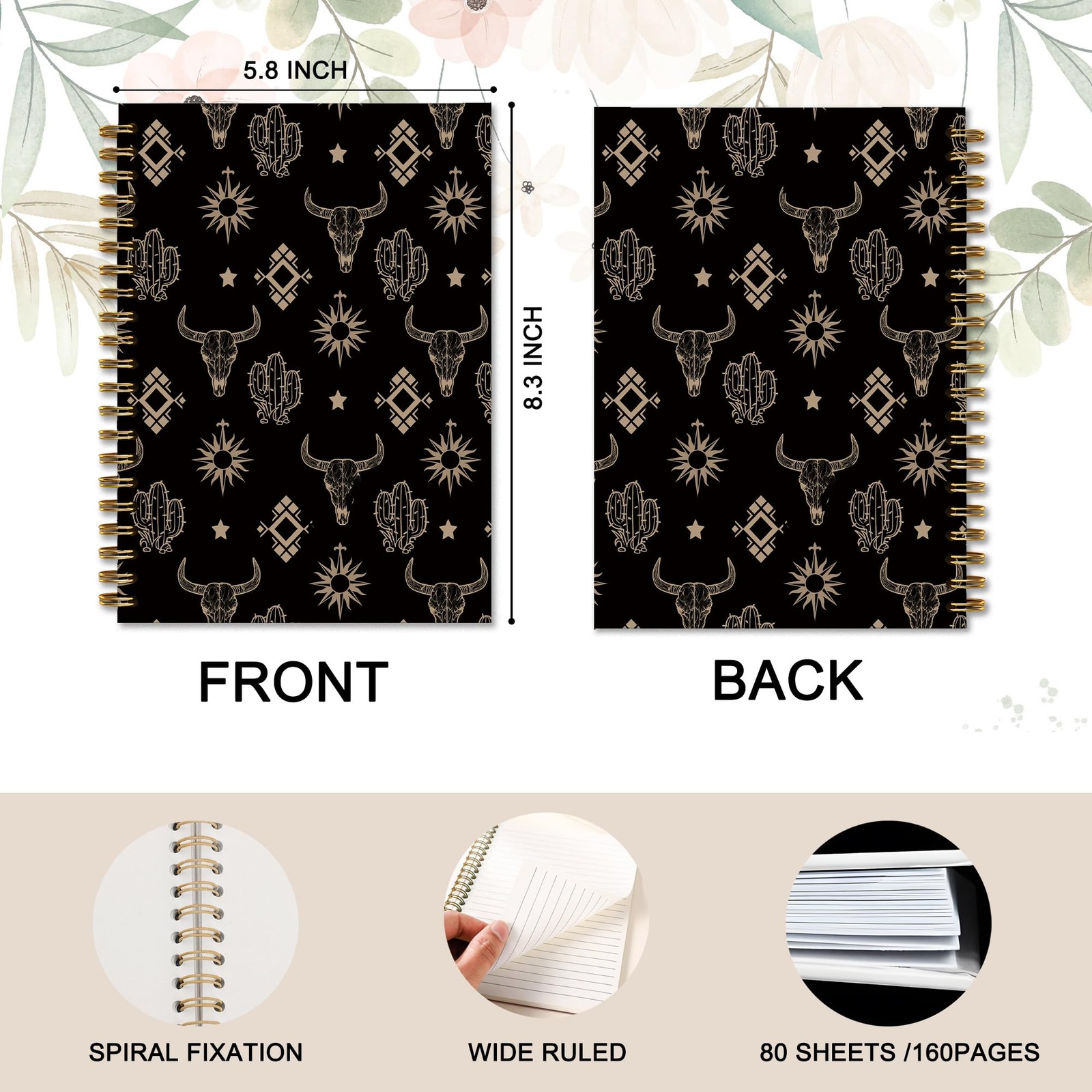 Boho Black Western Aztec Cow Bull Skull Spiral Notebook Journal for Work Scho…