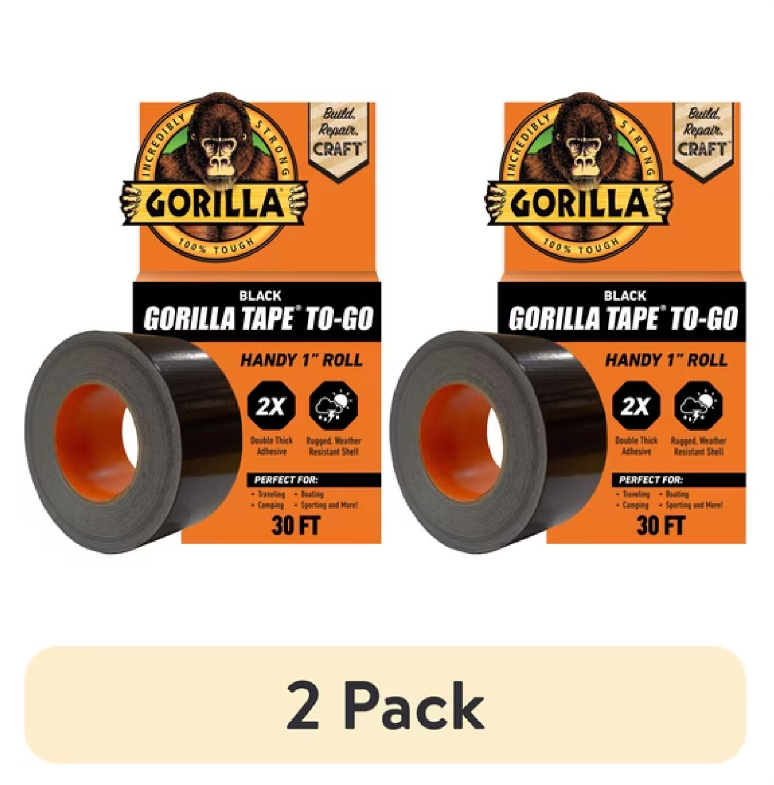 (2 pack) Gorilla Black Duct Tape to-Go, 1 in x 30 ft Single Roll