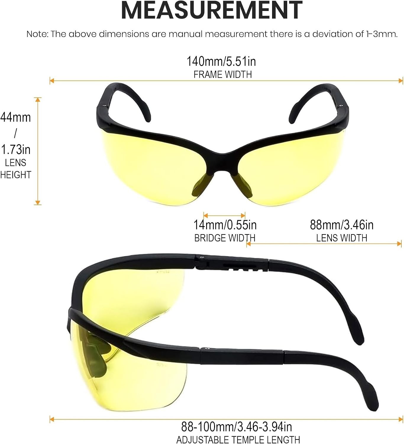 Full Rim Adjustable Safety Glasses with Yellow Tint for Indoor and Outdoor Use