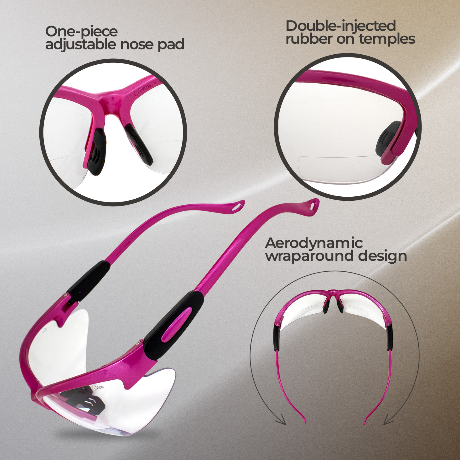Global Vision Cougar Safety Glasses Hot Pink Frame 2.0 Bifocal Clear Lens