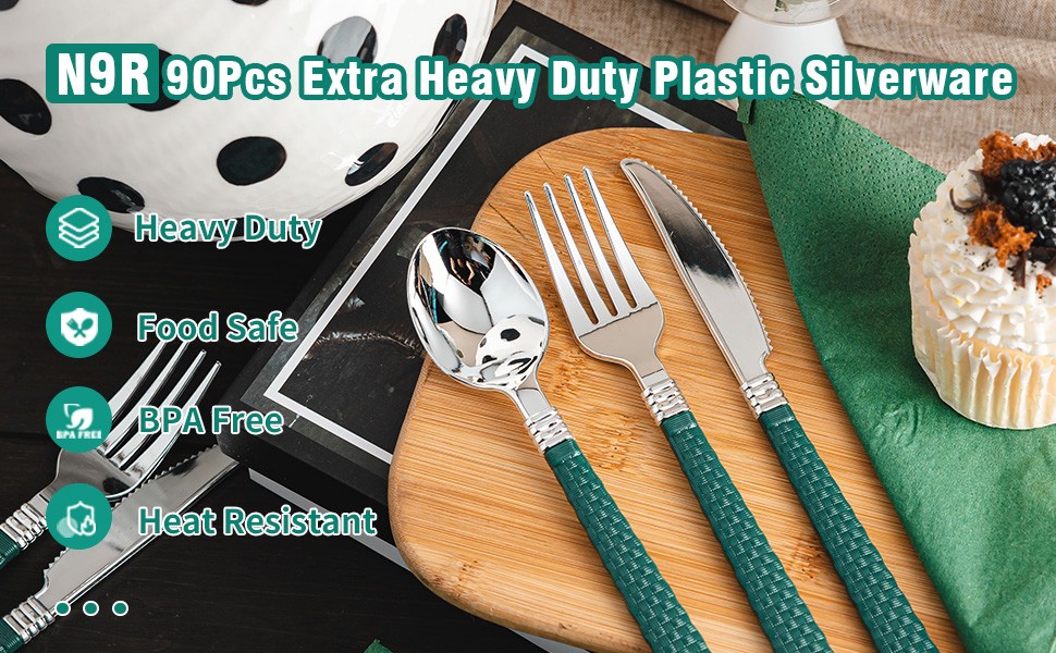 90pcs Silver and Green Disposable Silverware Set, Elegant Plastic Silverware
