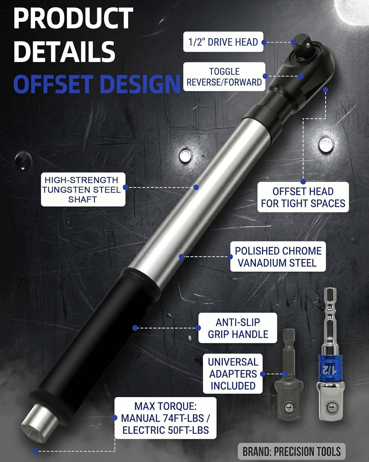 1/2″ Drive 3-In-1 Offset Extension Impact Wrench – Manual/Electric/Pneumatic Rat