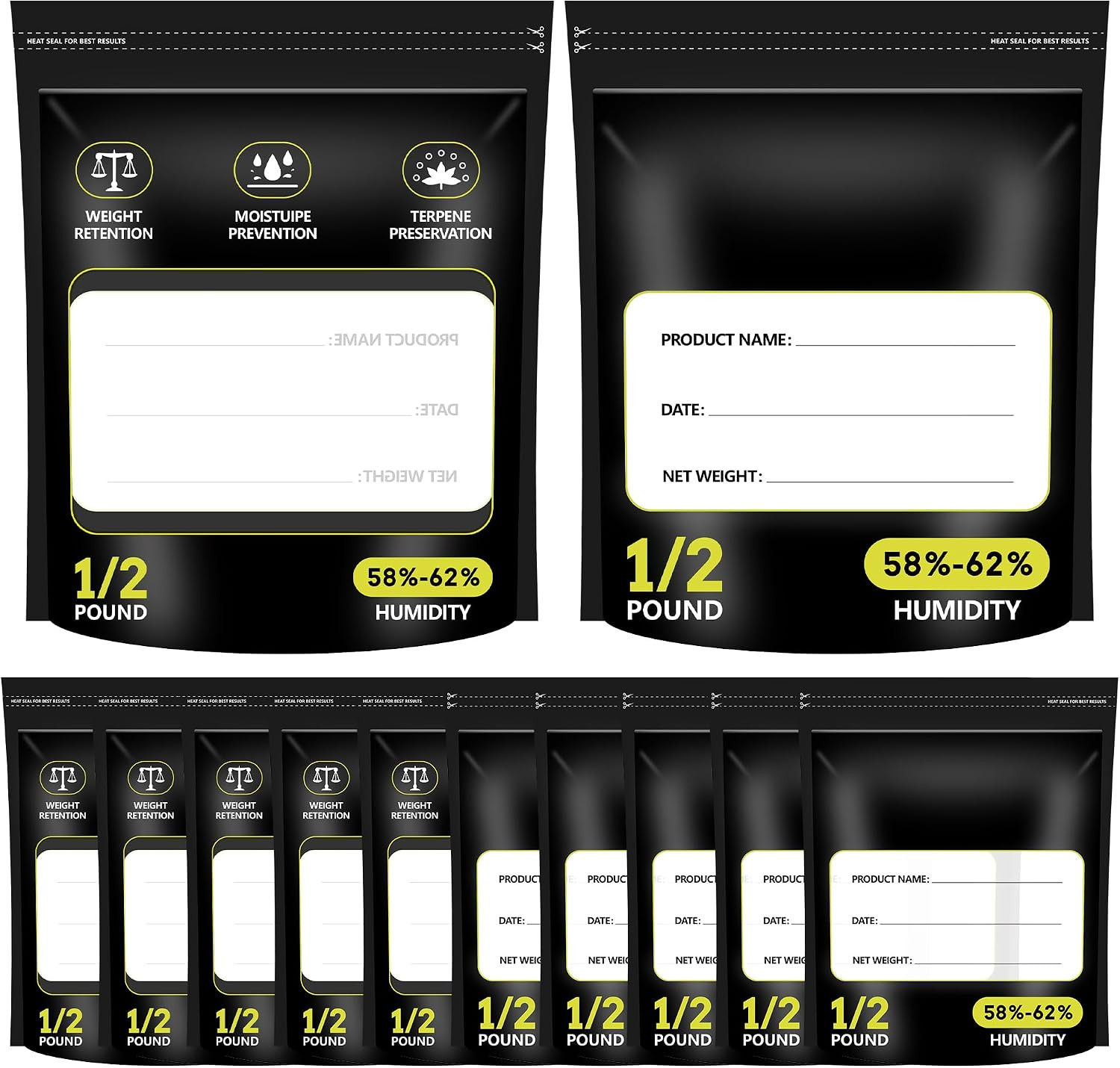 12 Pack 8 Ounce Terpene Curing and Storage Bags (1/2 Pound) | 13.8″X 10.4″X 3.75
