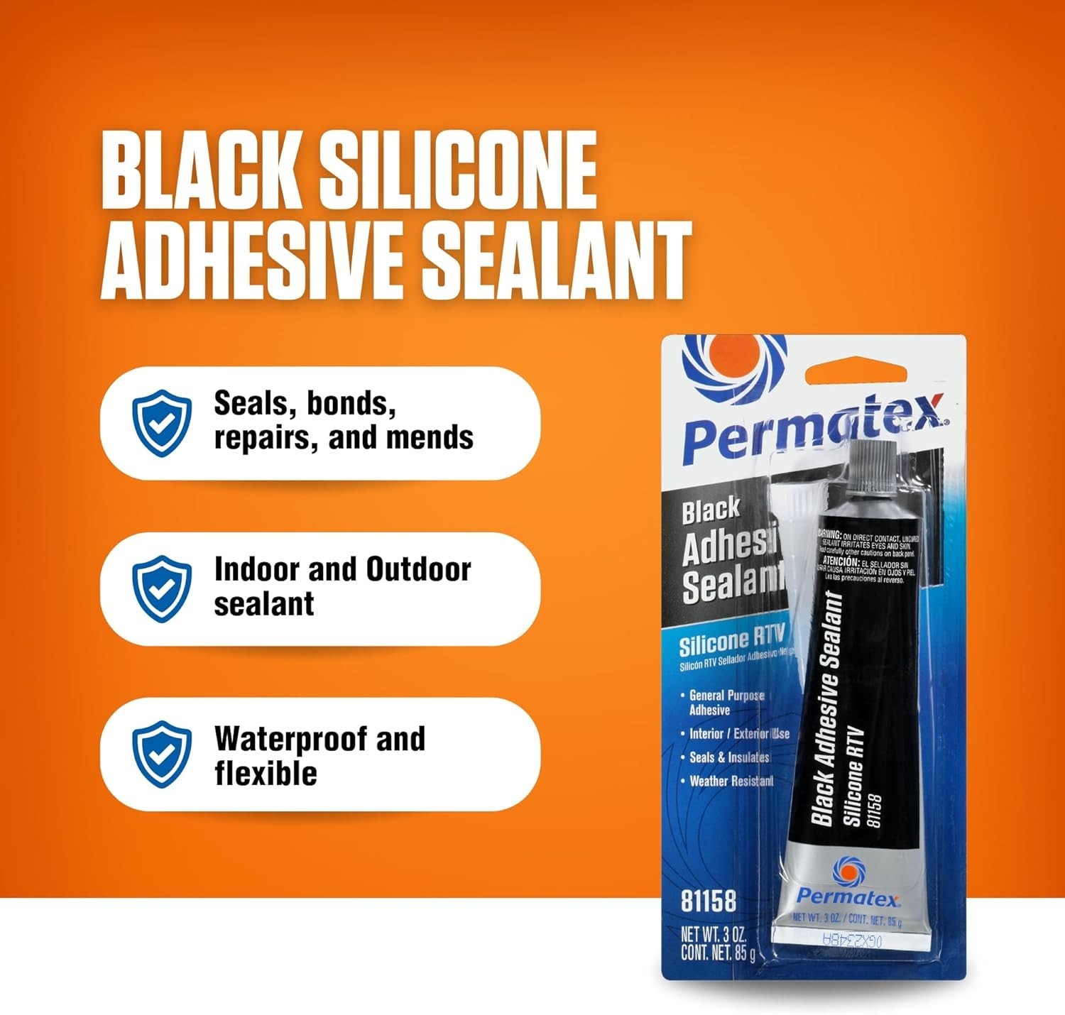 Permatex 81158 Black Silicone Adhesive Sealant 3 oz Tube Pack of 1
