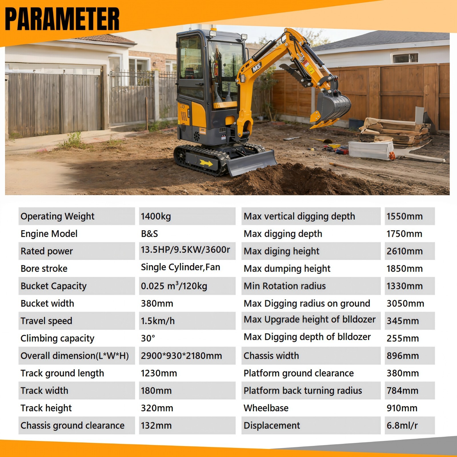 MMS Mini Excavator 13.5hp 1.4Ton Gas B&S EPA Engine With Swing Boom