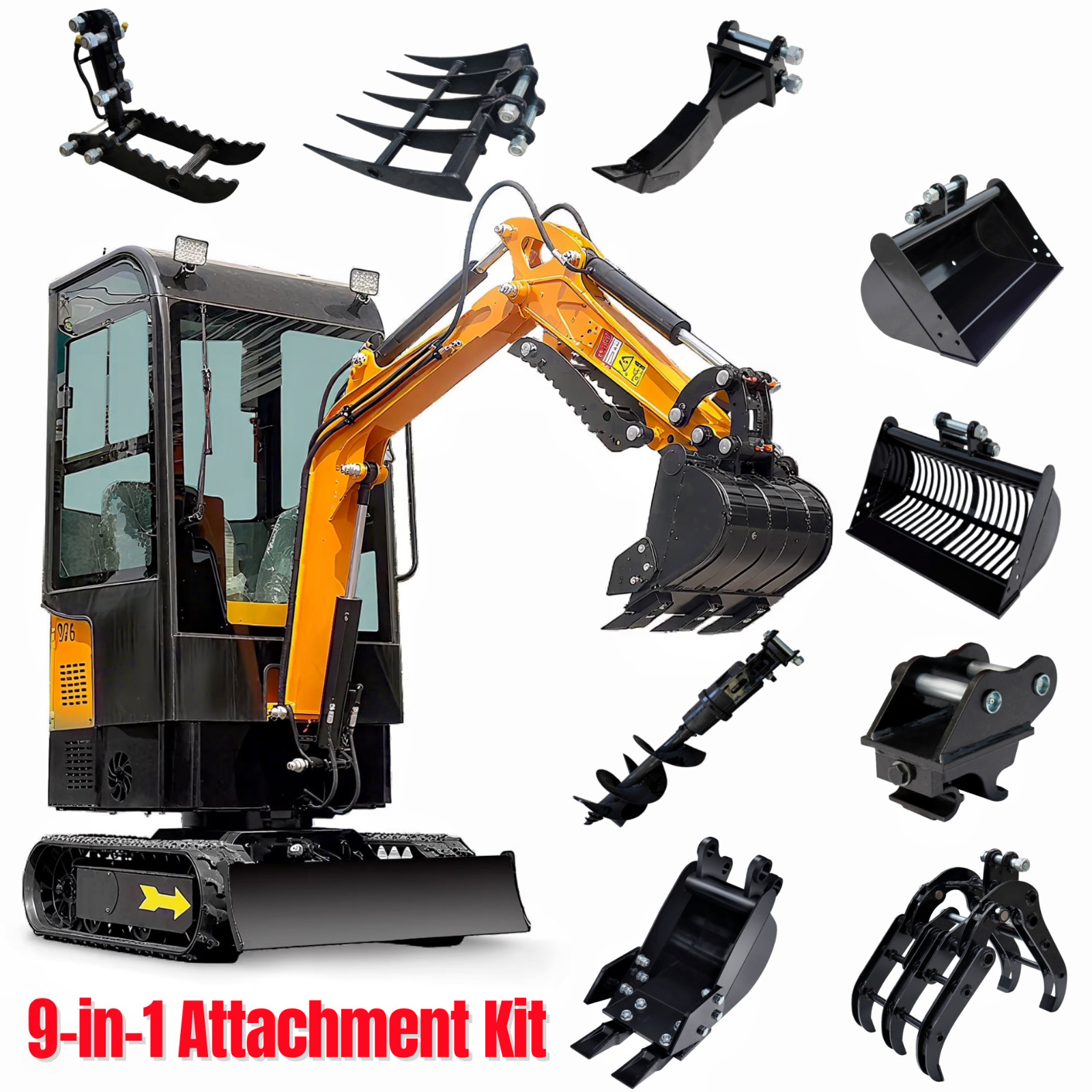 Enclosed cab 1.2Ton Mini Excavator With 9 Attachments Kit 13.5hp Mini Digger