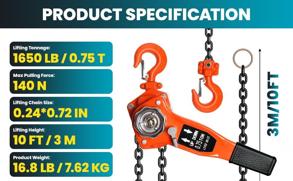 0.75T 1650LBS Manual Lever Chain Hoist 10 FT Manual Chain Hoist with G80 Chain