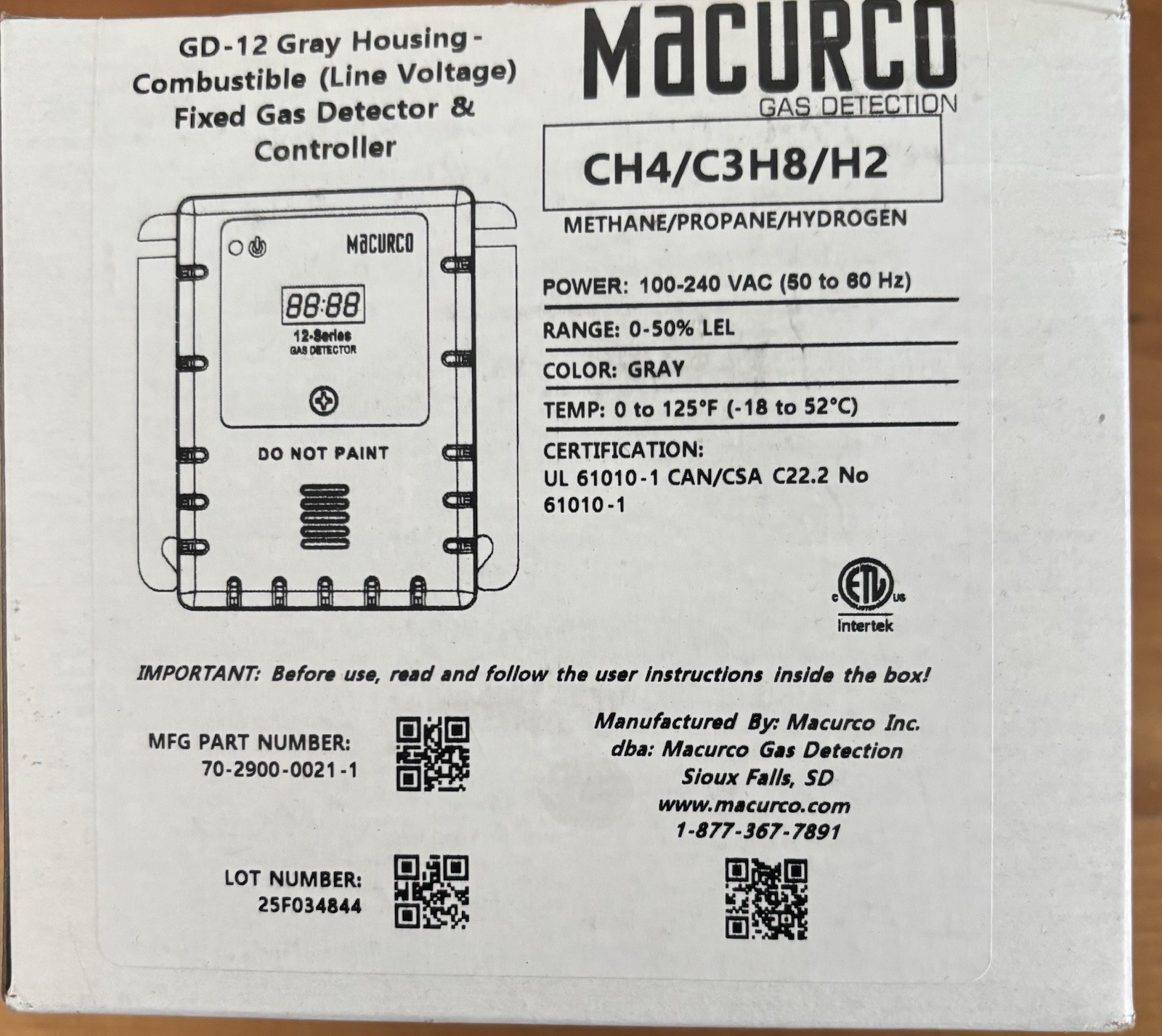 Macurco GD-12 Combustible Gas Detector 100-240V Methane Propane NEW 2025 Date