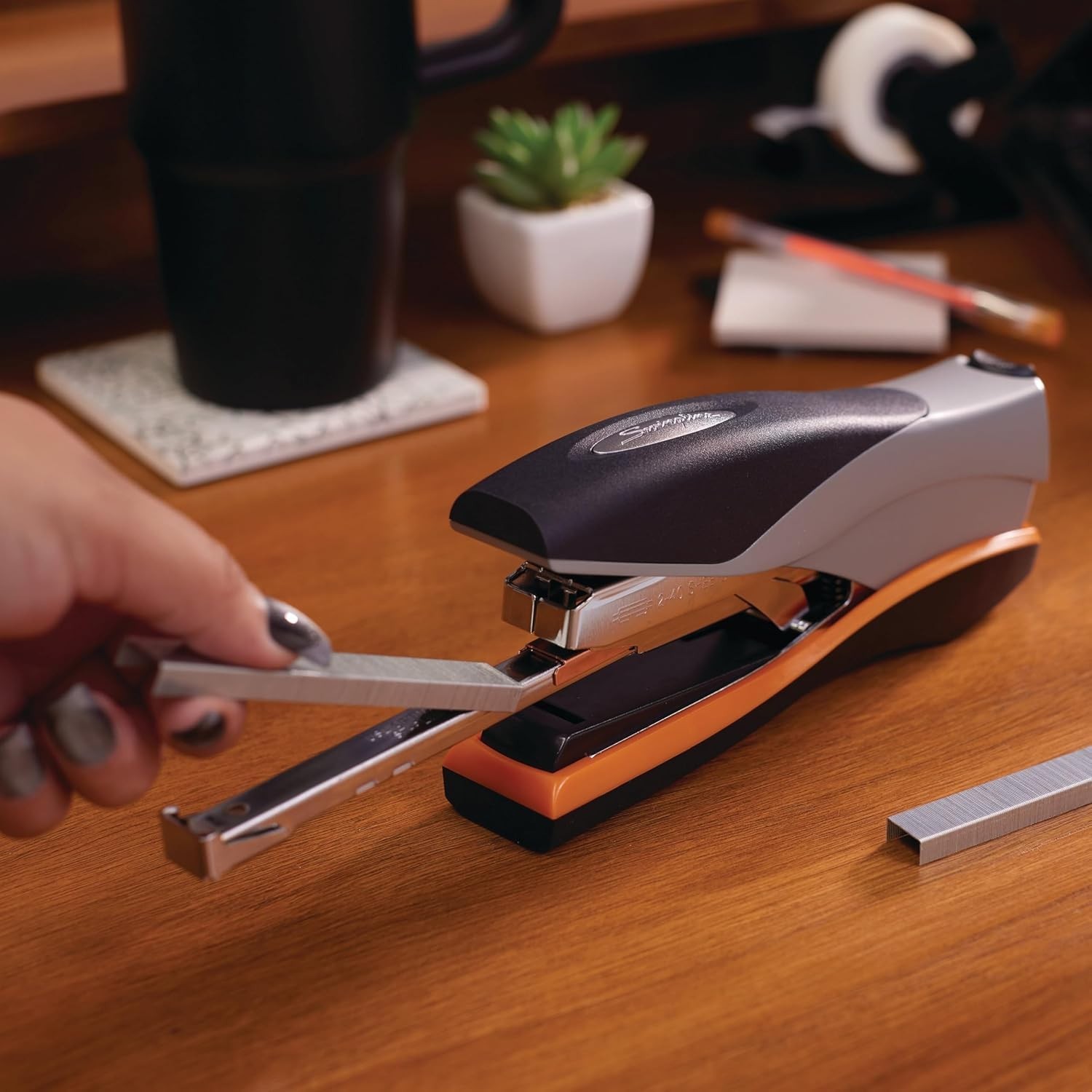 Swingline 87845 Optima Desk Stapler, 40-Sheet Capacity, Silver/Orange/Black