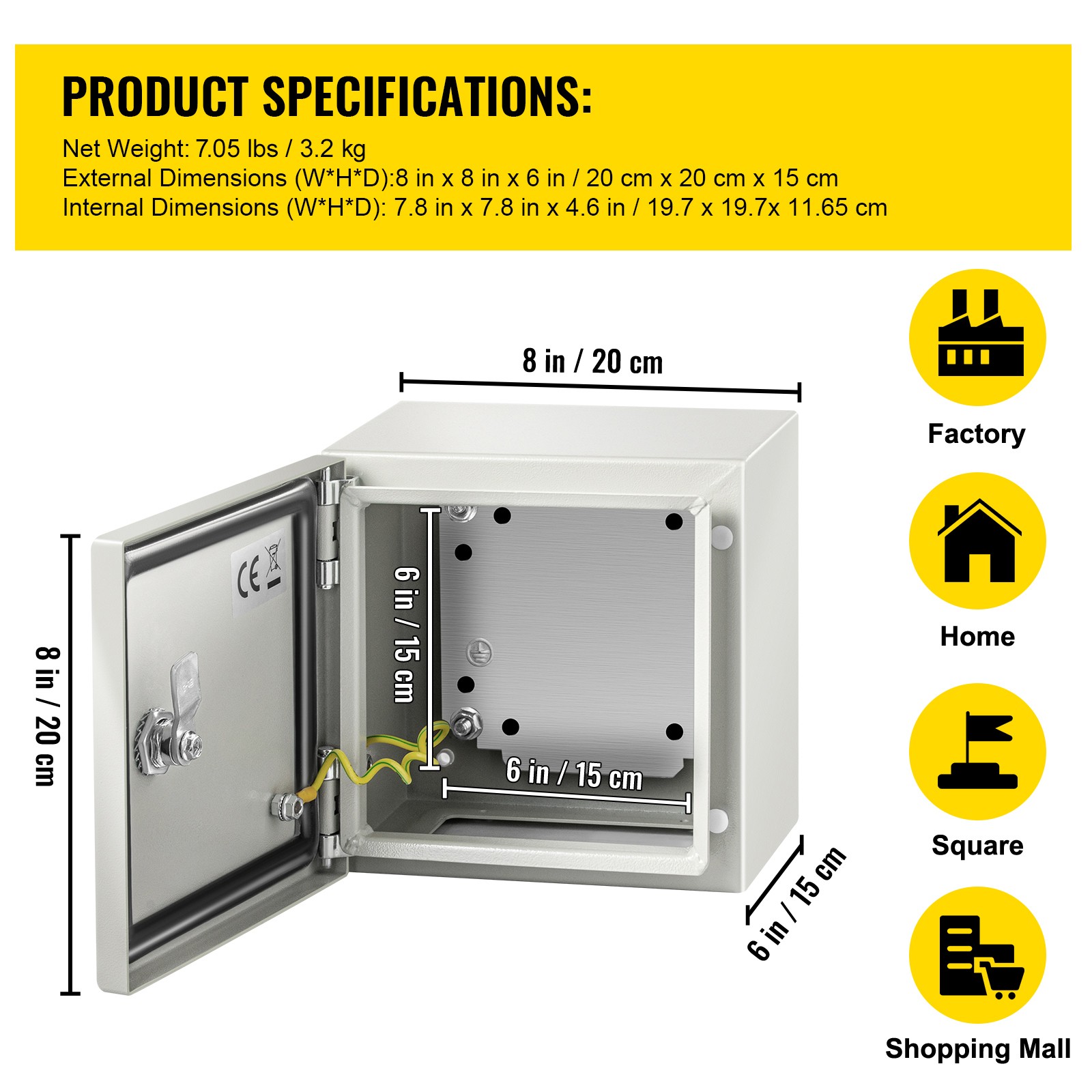 VEVOR Steel Electrical Box Electrical Enclosure Box 8 x 8 x6” Carbon Steel IP65