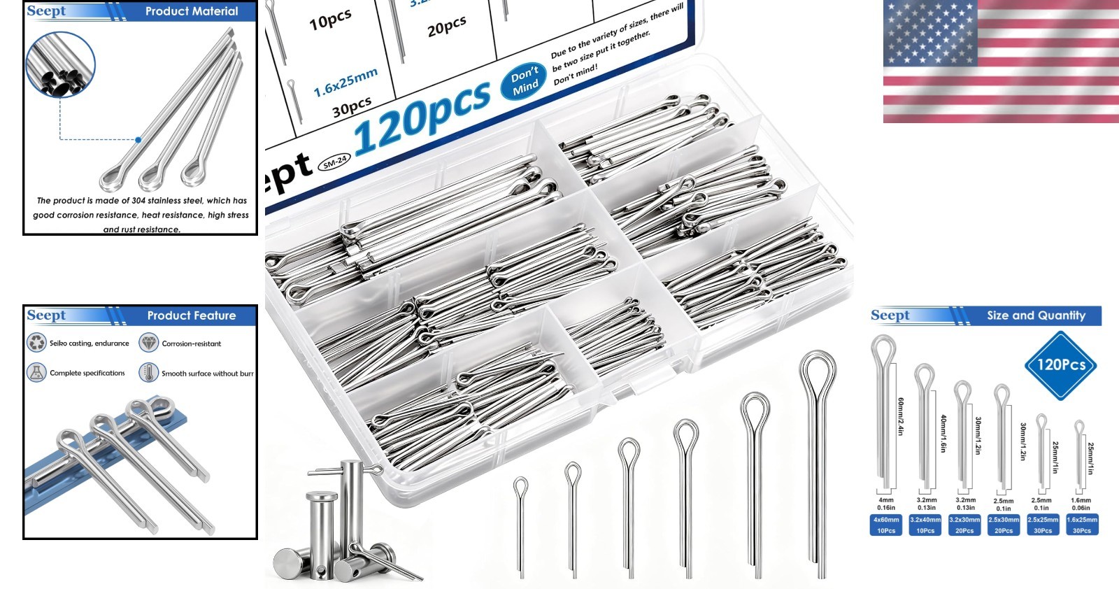 Assorted 120Pcs Cotter Pins in Stainless Steel – Reliable Fastening Solutions