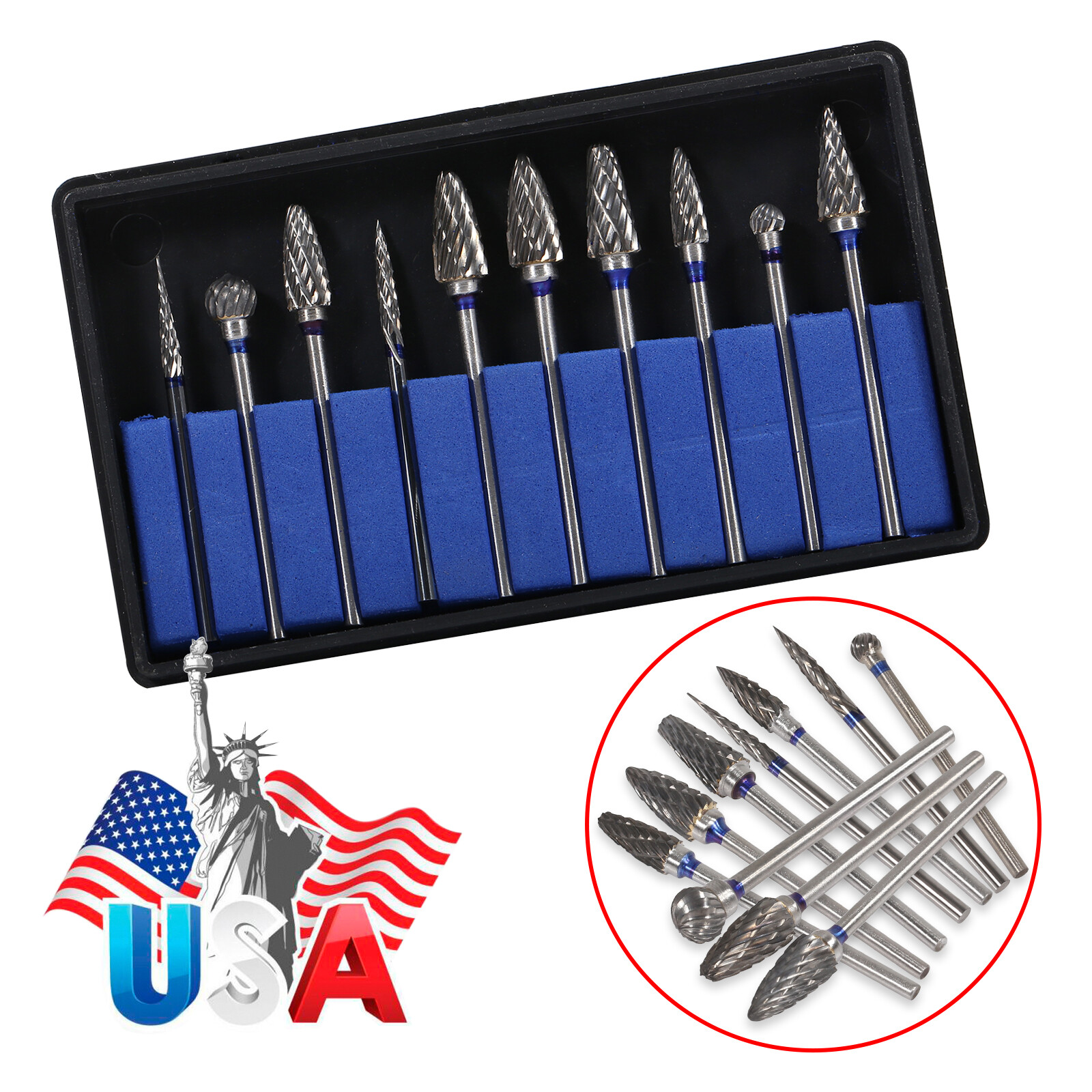 10Pcs Dental Lab 2.35MM Shank Polishing Straight Bur Drills Carbide Steel Burs