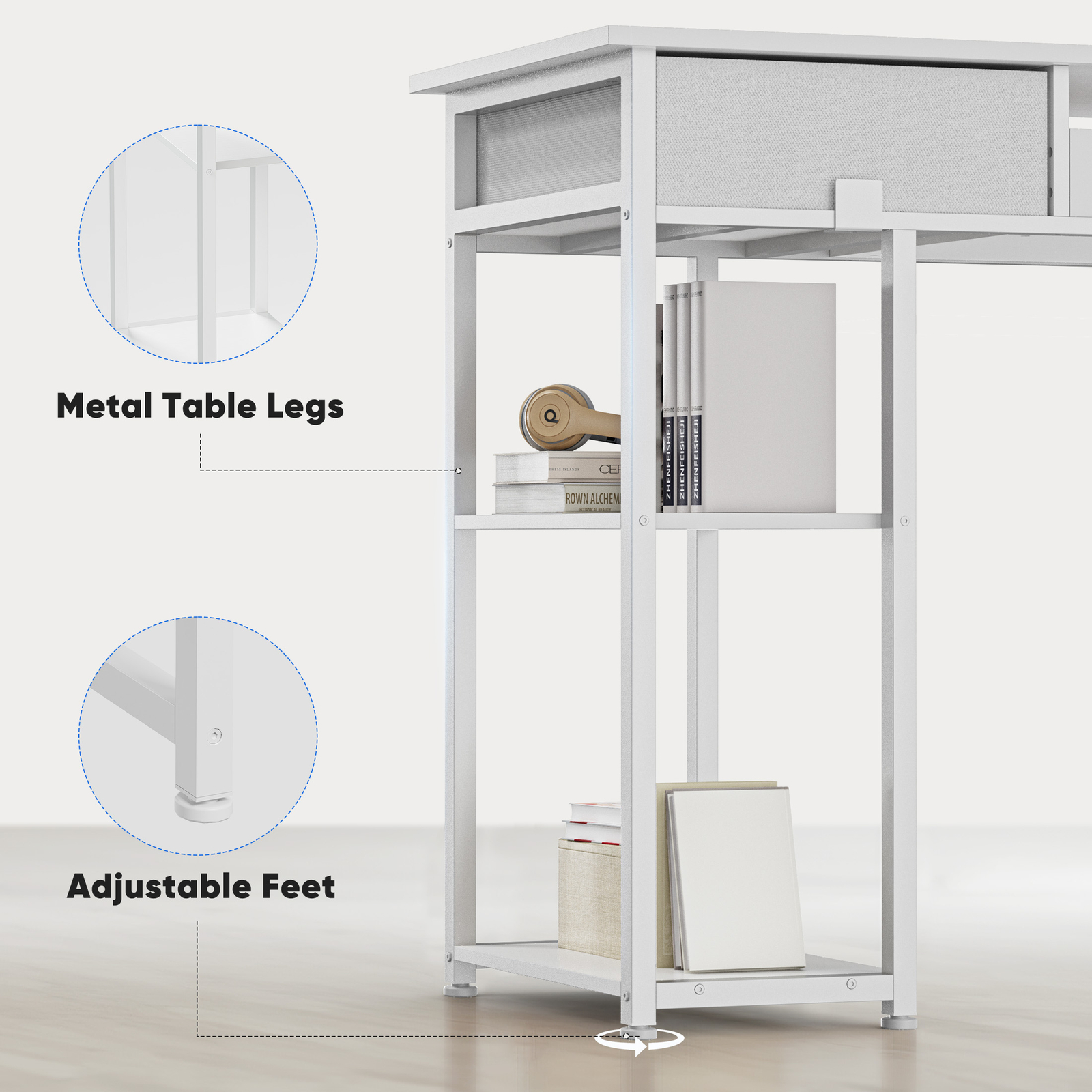 Computer Desk Home Office Table with PC Stand, Fabric Drawers Headphone Hook