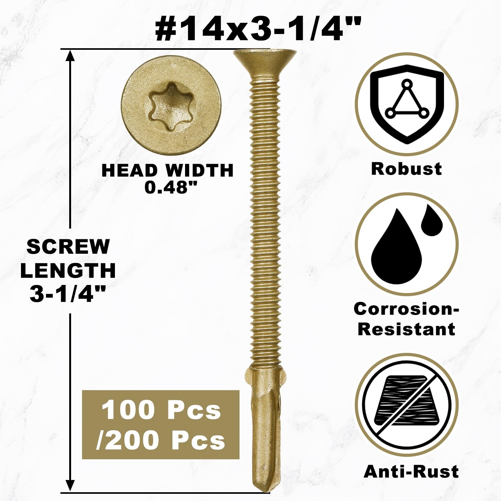 100 Pcs #14 x 3-1/4″ Trailer Deck Screws, Bulk Self Tapping, Wood to Metal, Star