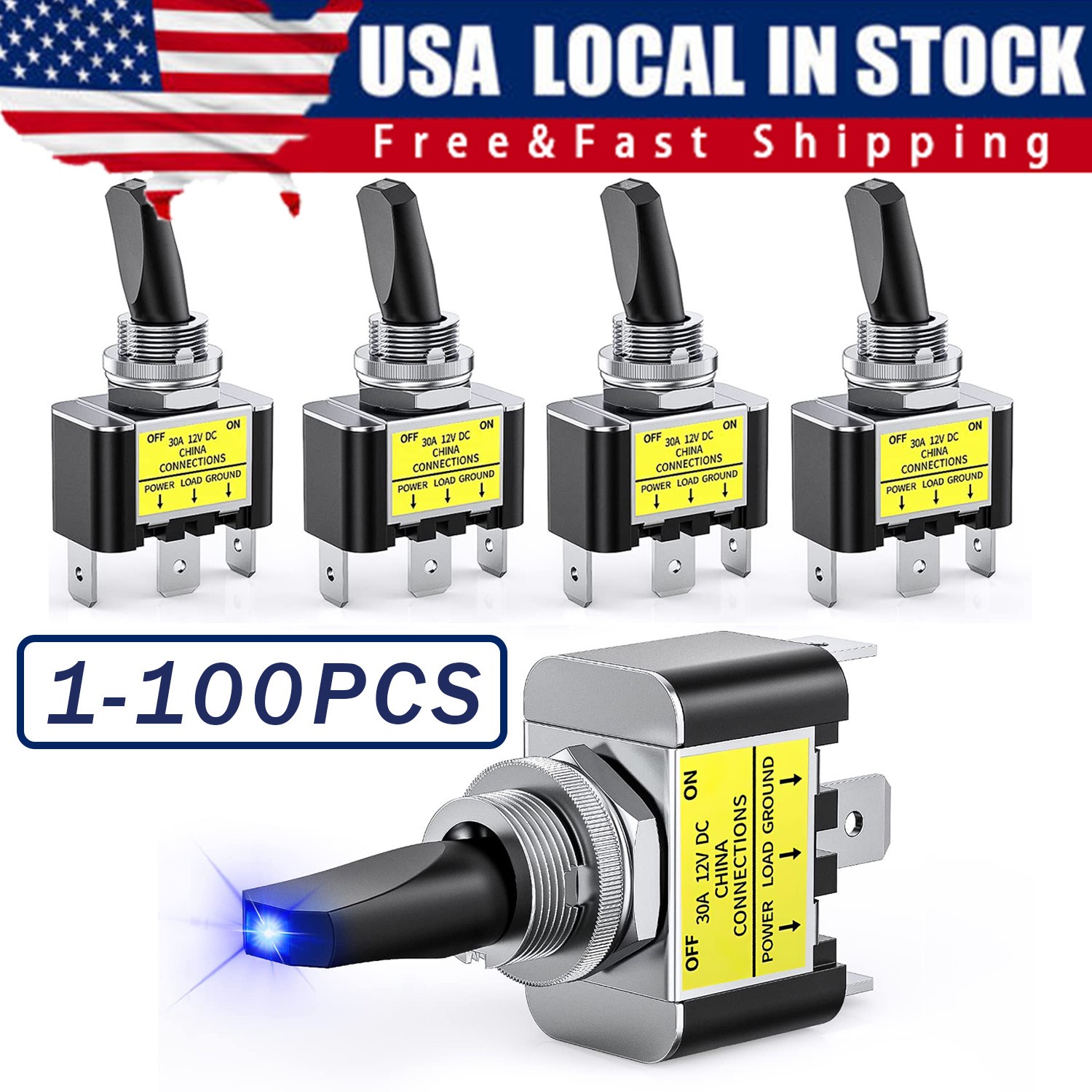 Blue LED Light 3Pin Rocker Toggle ON/Off Switch 30A 12V for Car Boat Marine Lot