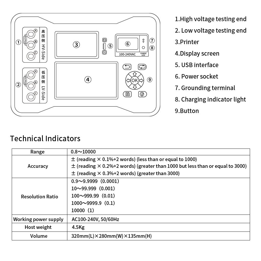 JH2702N TTR Meter Transformer Turns Ratio Tester Spanish/English PT CT Test