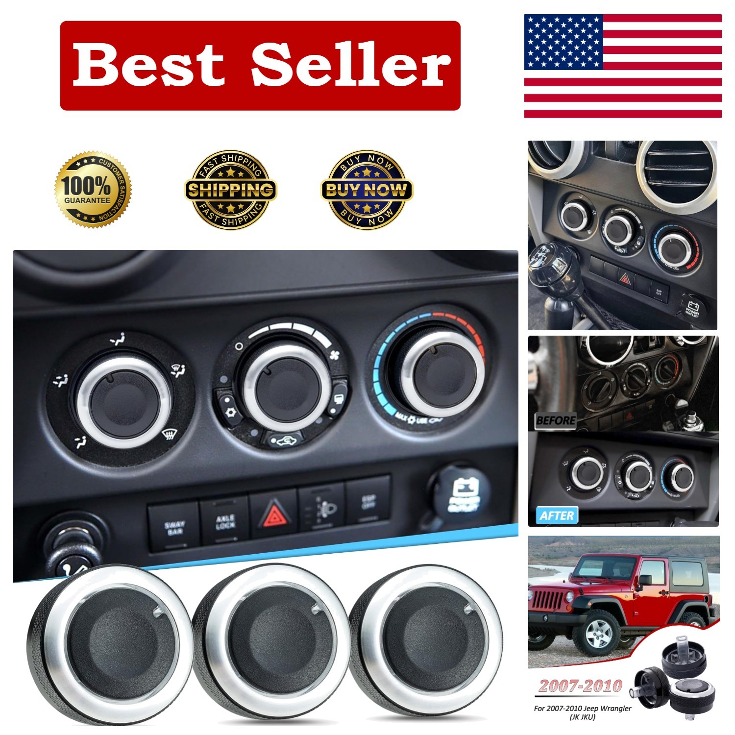 Upgraded Climate Control Knobs Compatible with 2007-2010 Jeep Wrangler, 3PCS Air