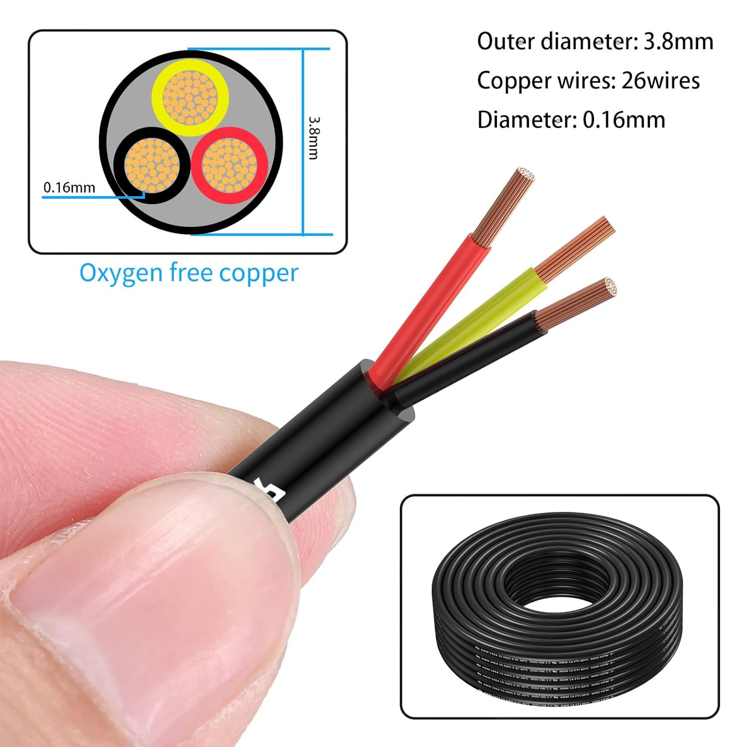 20 Gauge 3 Conductor Electrical Wire Oxygen-Free Copper Cable 50FT/15.3M Flexibl