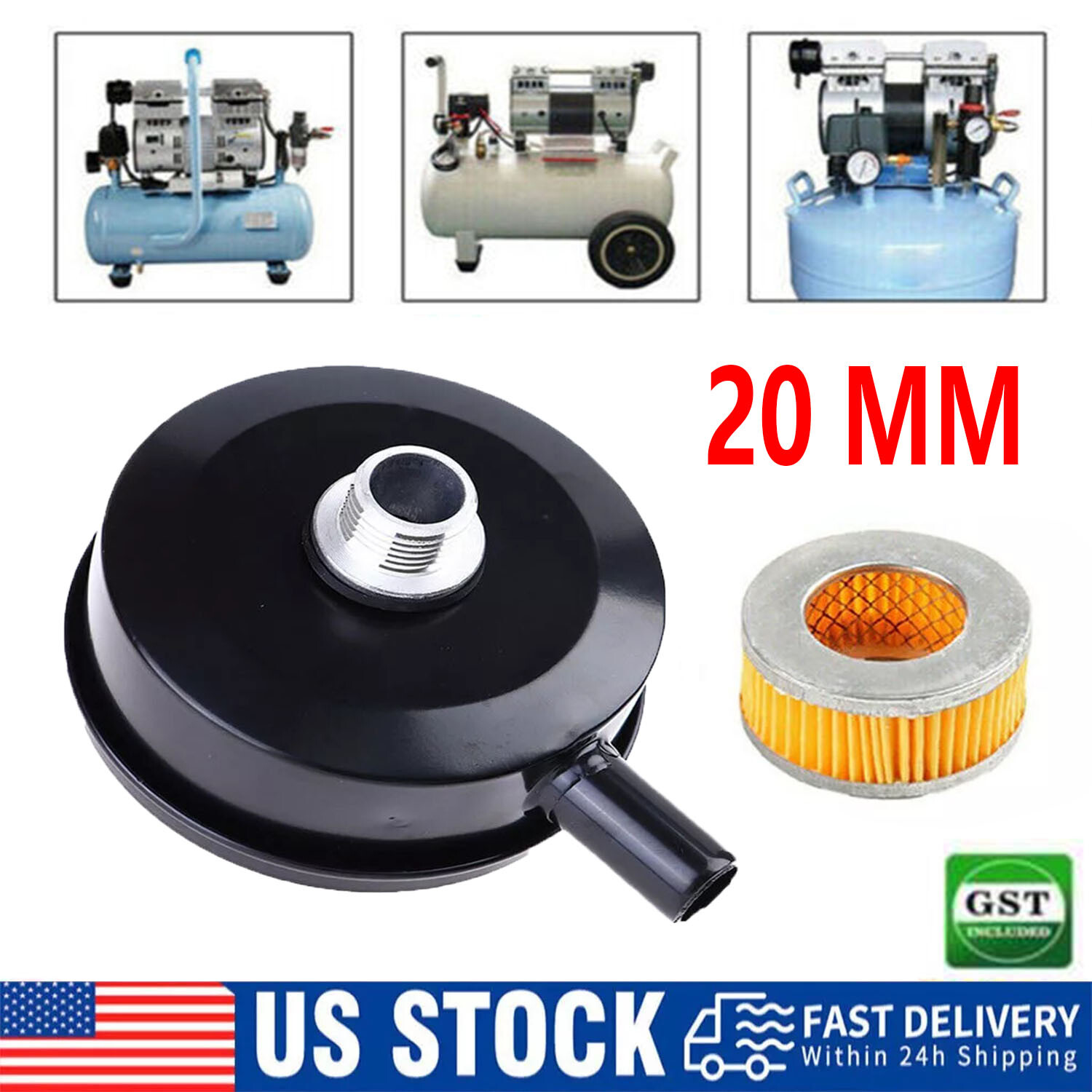 1/2″ 20mm Thread Air Compressor Intake Filter Muffler Silencer Black-Metal T5