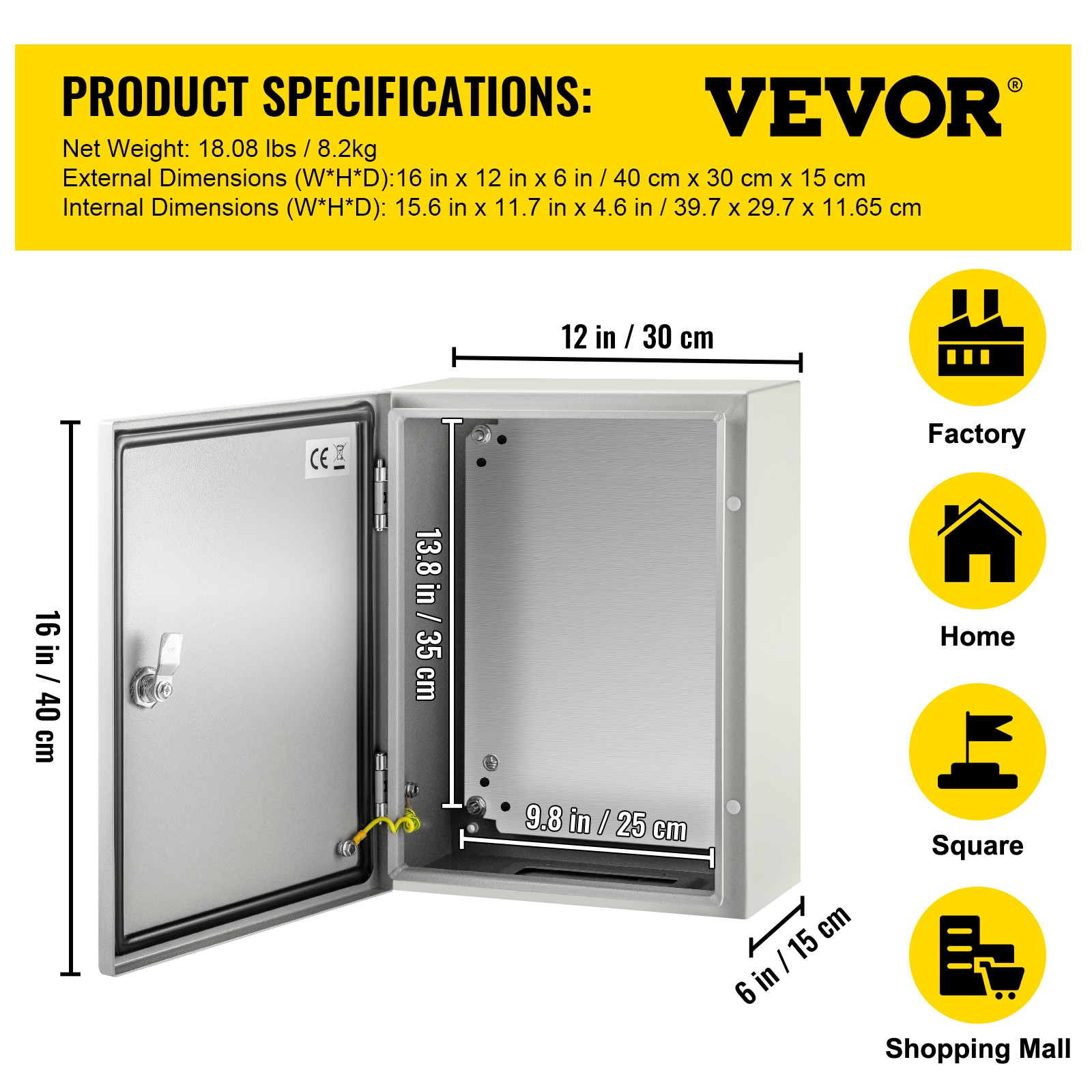 VEVOR 16” 20” 24” Carbon Steel Electrical Enclosure IP65 Wall Mount Junction
