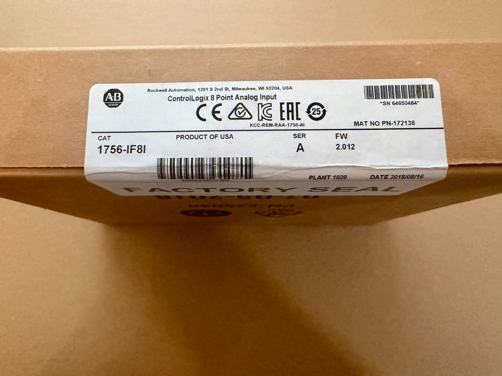 ControlLogix Analog Input Module Allen Bradley New In Box 1756IF8I/A SEALED
