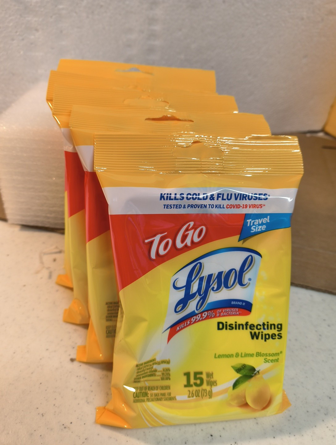 5 packs Lysol To Go Disinfecting Wipes Lemon Lime Scent 15 Wipes Per Pack