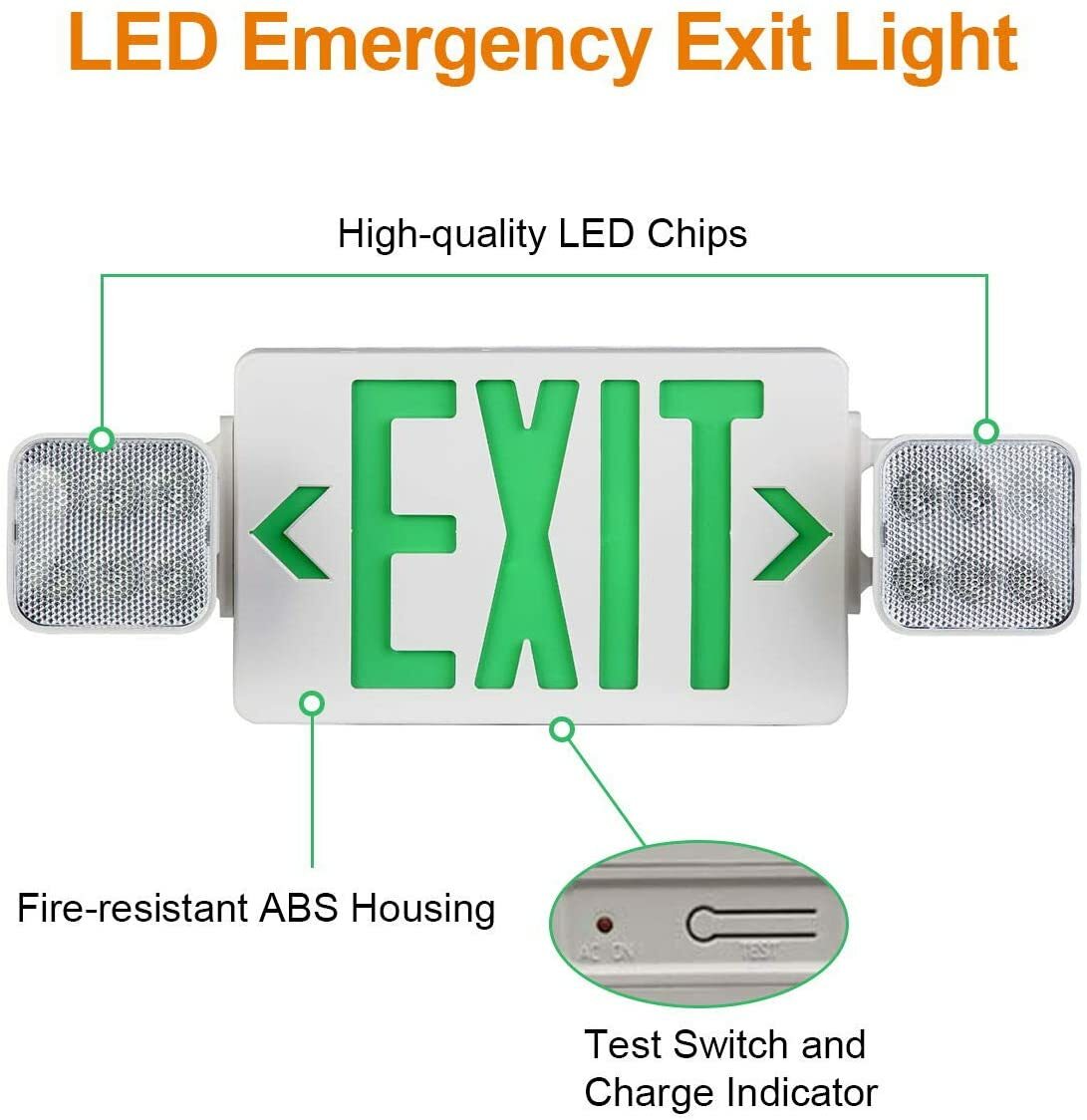 2-pack LED EXIT Sign Light Combo with Emergency back up UL-94V-0 in Green