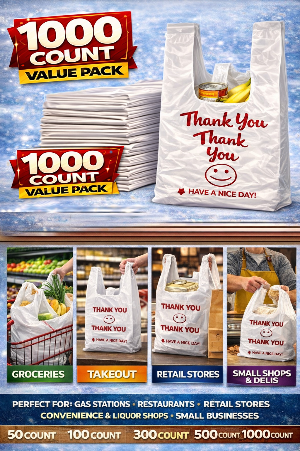 Thank You Plastic Bags 1000 Count Large 11.5×6.5×21 T-Shirt Bags Heavy Duty Bulk