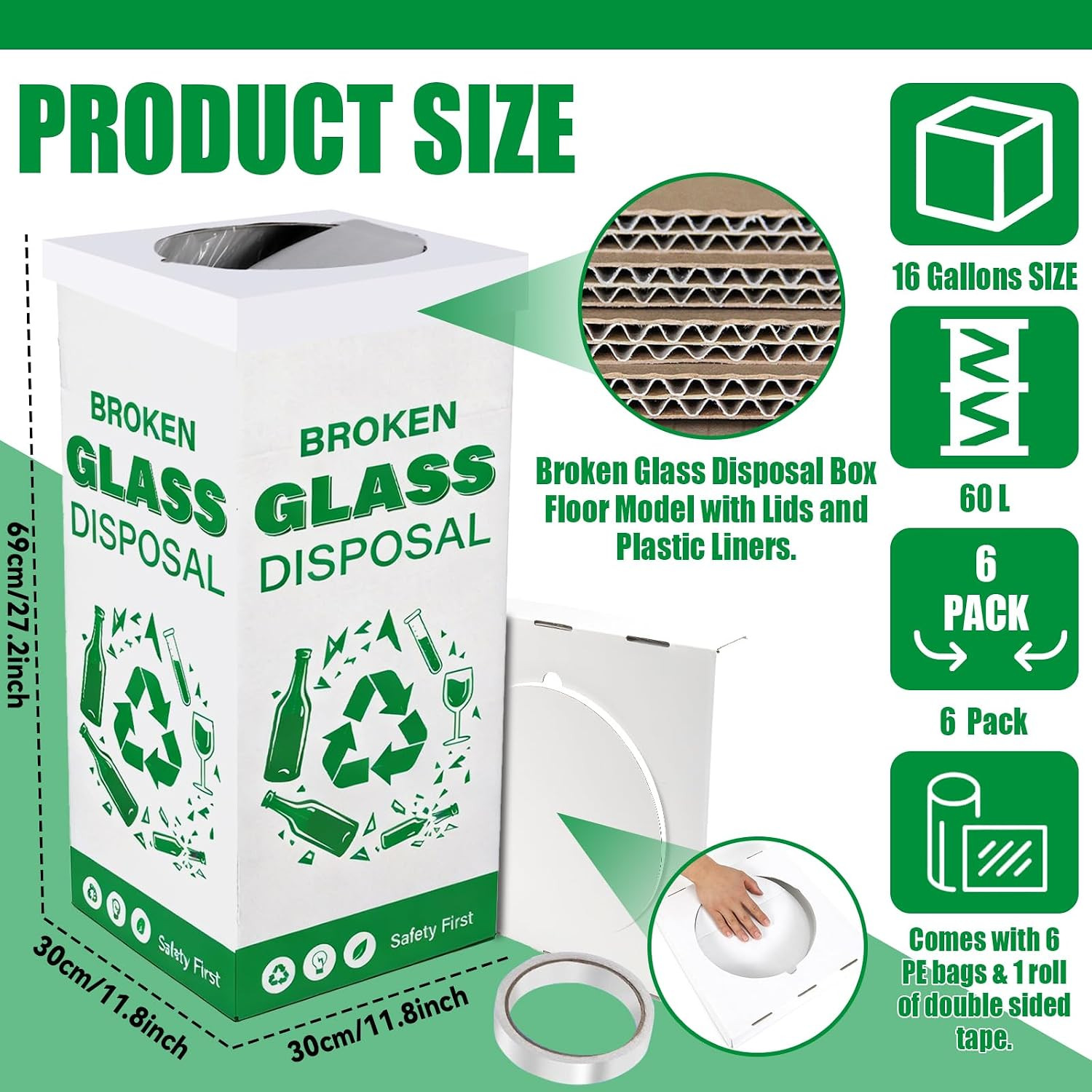 6 Pack Cardboard Glass Disposal Boxes – 12x12x27 Inch Trash Bins for Labs