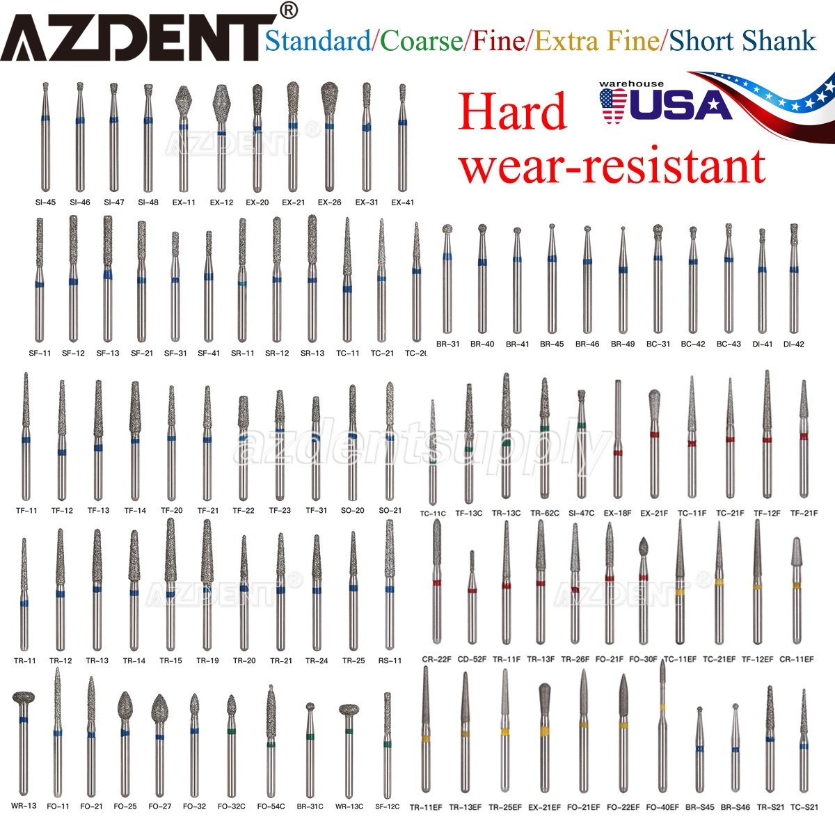 AZDENT Dental Diamond Burs High Speed Handpiece Friction Grip 5/Pc/100Pc/200Pc